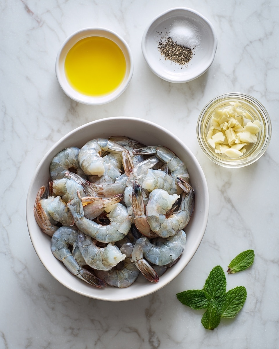 The image shows a white bowl filled with raw shrimp that are grayish-blue with white meat parts, arranged in a loose pile with some tails curled. Surrounding the bowl are three smaller white dishes: one with yellow melted butter, one with salt and black pepper divided into halves, and one with minced garlic in a small glass jar. Below the dishes is a small clear glass with light yellow liquid and two fresh green mint leaves placed beside it. All items are set on a white marbled surface. Photo taken with an iphone --ar 4:5 --v 7