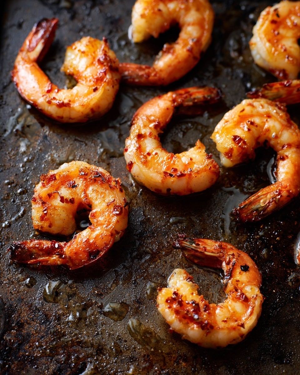 The image shows several cooked shrimp on a dark, slightly greasy baking tray. Each shrimp is curved into a crescent shape, with orange and white colors, and slight charring on the tails. The texture of the shrimp looks firm and juicy, sitting in small pools of cooking oil on the tray. The baking tray has a worn and stained appearance, contrasting with the bright shrimp. Photo taken with an iphone --ar 4:5 --v 7