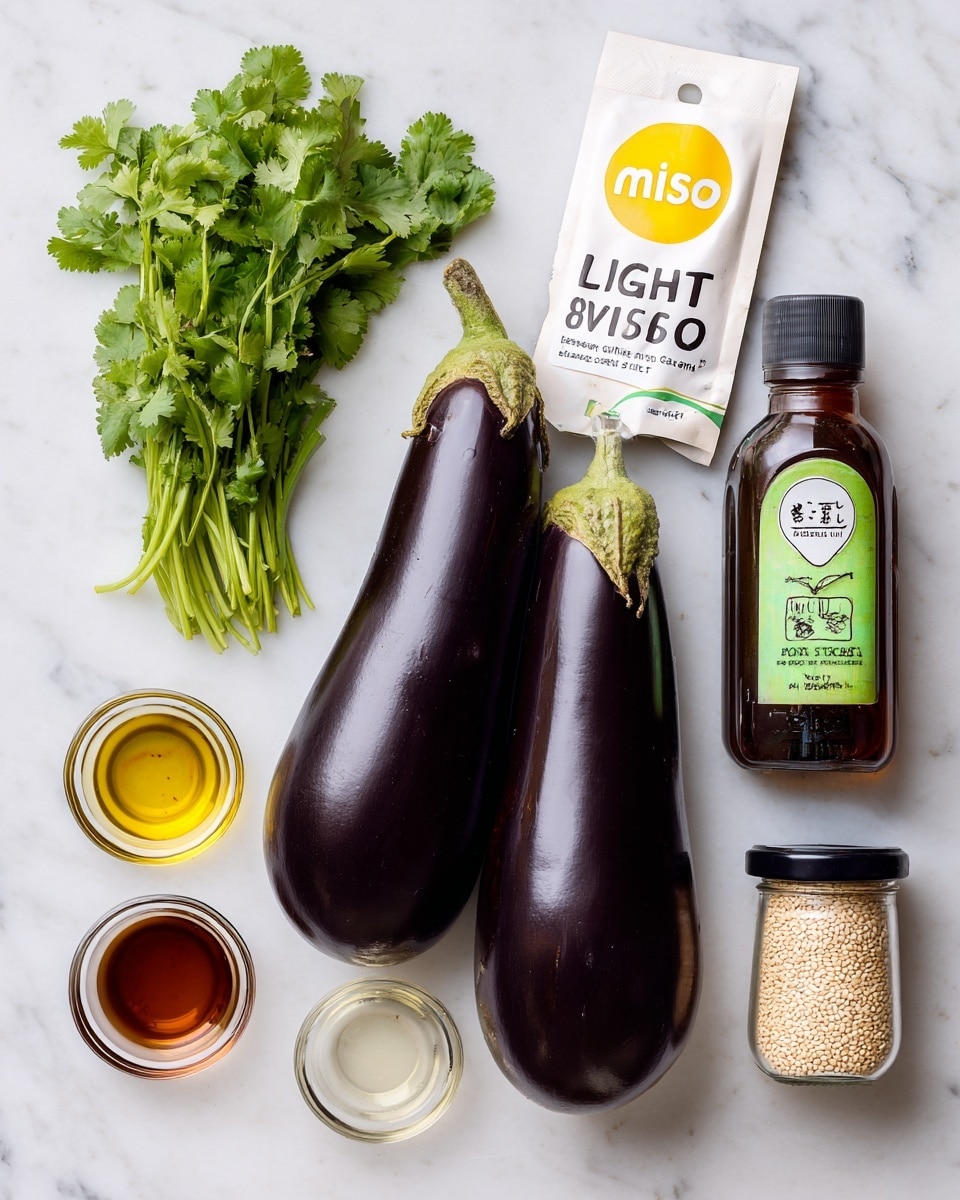 The image shows two whole dark purple eggplants placed side by side on a white marbled surface. Above the eggplants is a small bunch of bright green fresh cilantro. Next to the cilantro is a white and yellow packet labeled
