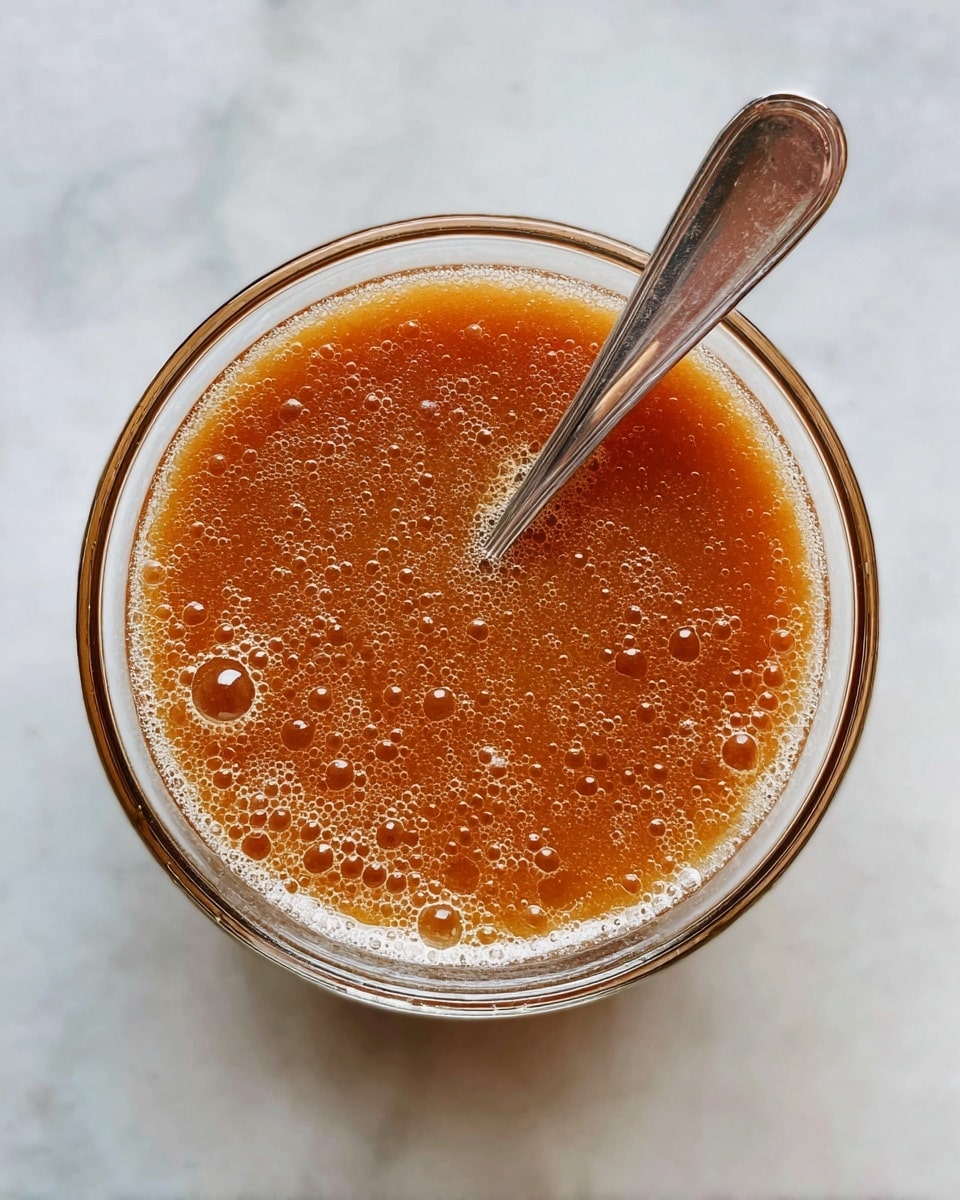 A clear glass bowl filled with a thick, orange-brown liquid that has many small bubbles on the surface, showing an oily texture. A silver spoon is partially submerged in the liquid near the center of the bowl, with the spoon handle resting on the glass edge. The bowl is set on a white marbled surface with soft natural light. photo taken with an iphone --ar 4:5 --v 7
