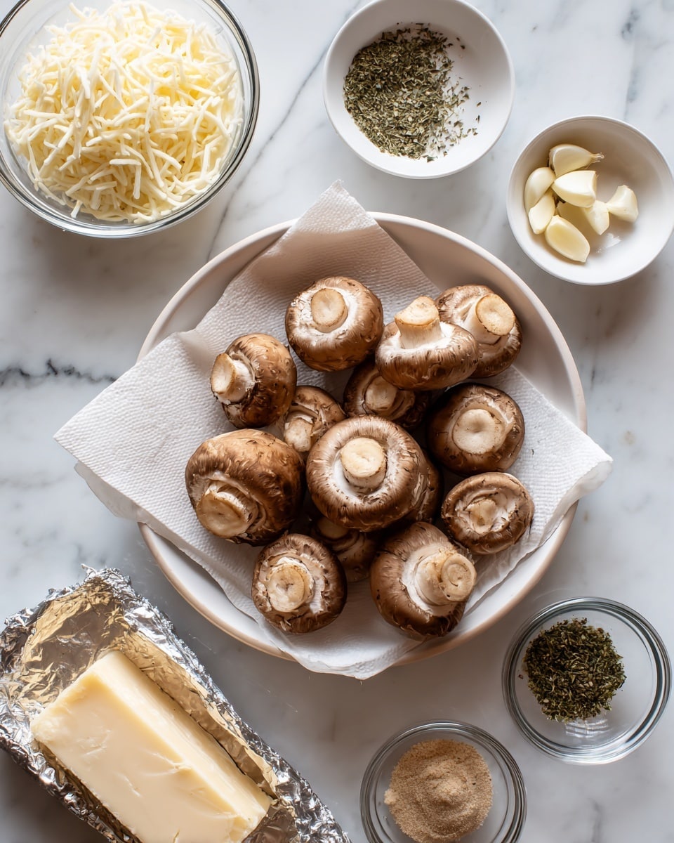 Cream Cheese Stuffed Mushrooms Recipe 4 The image shows a white plate covered with a white paper towel holding about fifteen brown mushrooms, all facing upwards to show the hollow inside caps with a light tan color inside. Above the plate, to the left, a small clear glass bowl is filled with shredded white cheese. To the right of the mushrooms, there is a small white dish with a few chopped light beige pieces of garlic. Further right, a small clear glass bowl holds some green dried herb. Below that, there is a rectangular block of soft white cheese partially wrapped in shiny silver foil. At the bottom right corner, there is another small clear glass bowl with two sections: one holding light tan powder and the other holding green dried herb. The whole scene is placed on a surface with a white marbled texture. Photo taken with an iphone --ar 4:5 --v 7