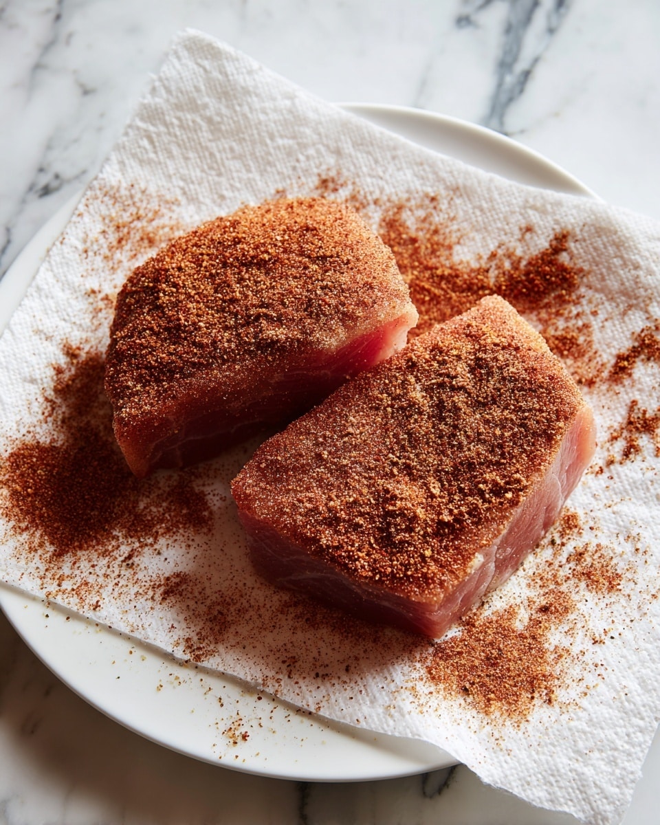 The image shows two raw pieces of pale pink meat placed on top of a white paper towel. Both pieces are covered evenly with a thick layer of reddish-brown spice mix that has a grainy texture. The spices also scatter loosely around the meat on the paper towel, adding a textured, powdery effect. The paper towel itself rests on a plate, and the background is a white marbled surface. The overall look is close-up, bright, and detailed. photo taken with an iphone --ar 4:5 --v 7