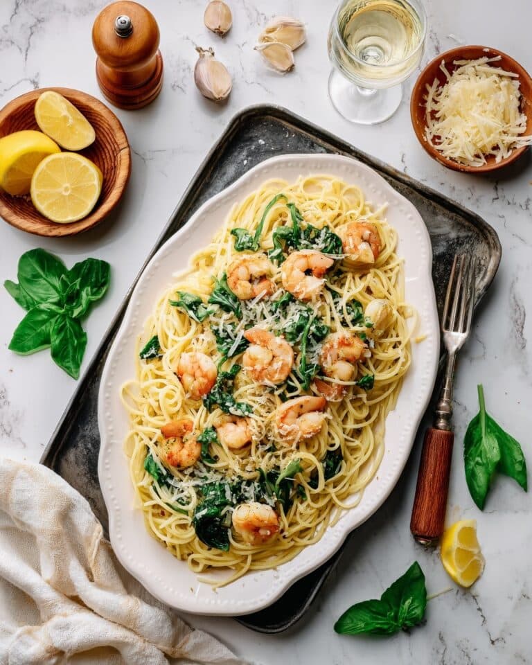 Shrimp and Spinach Pasta with Lemon White Wine Sauce and Toasted Breadcrumbs Recipe