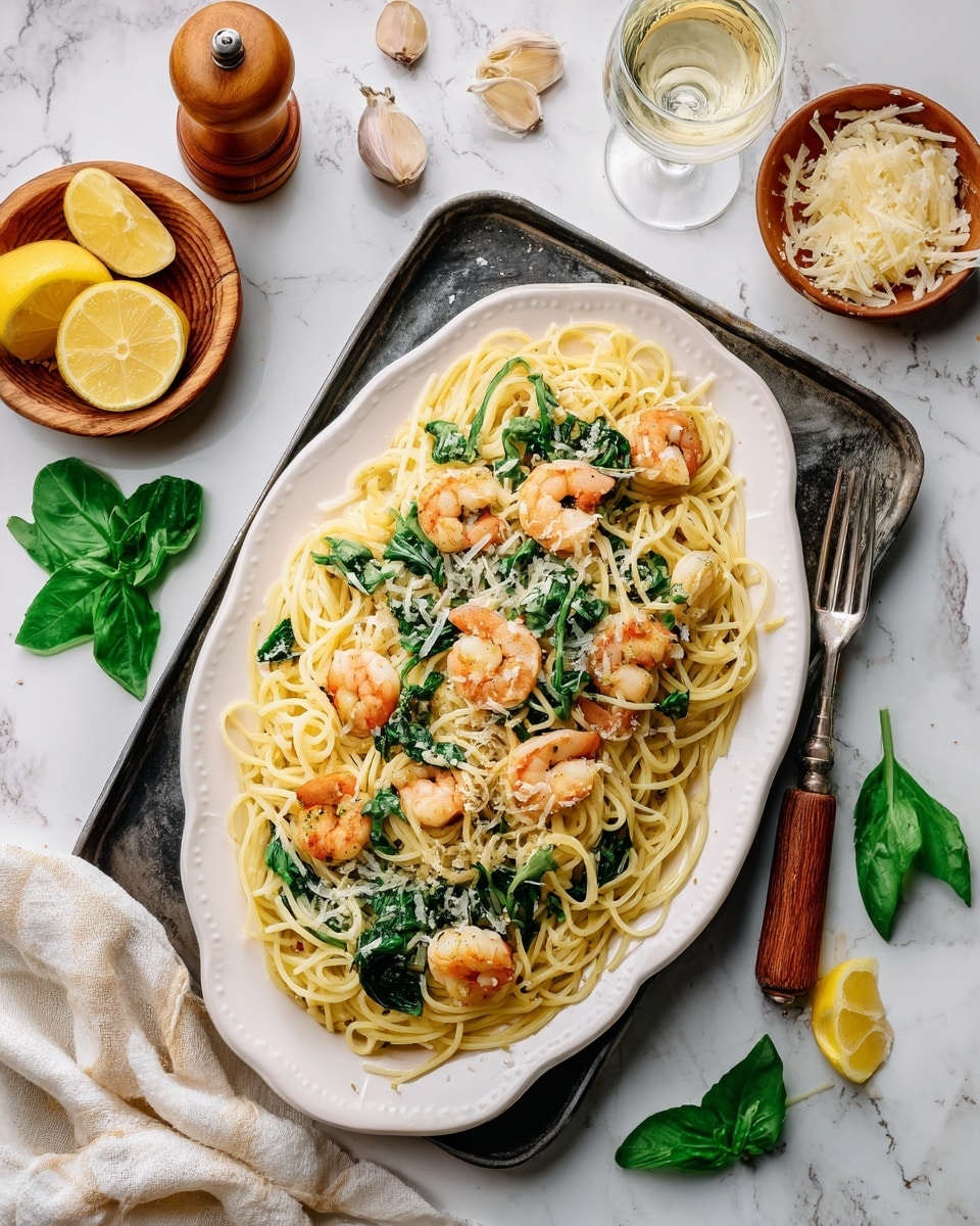 Shrimp and Spinach Pasta with Lemon White Wine Sauce and Toasted Breadcrumbs Recipe