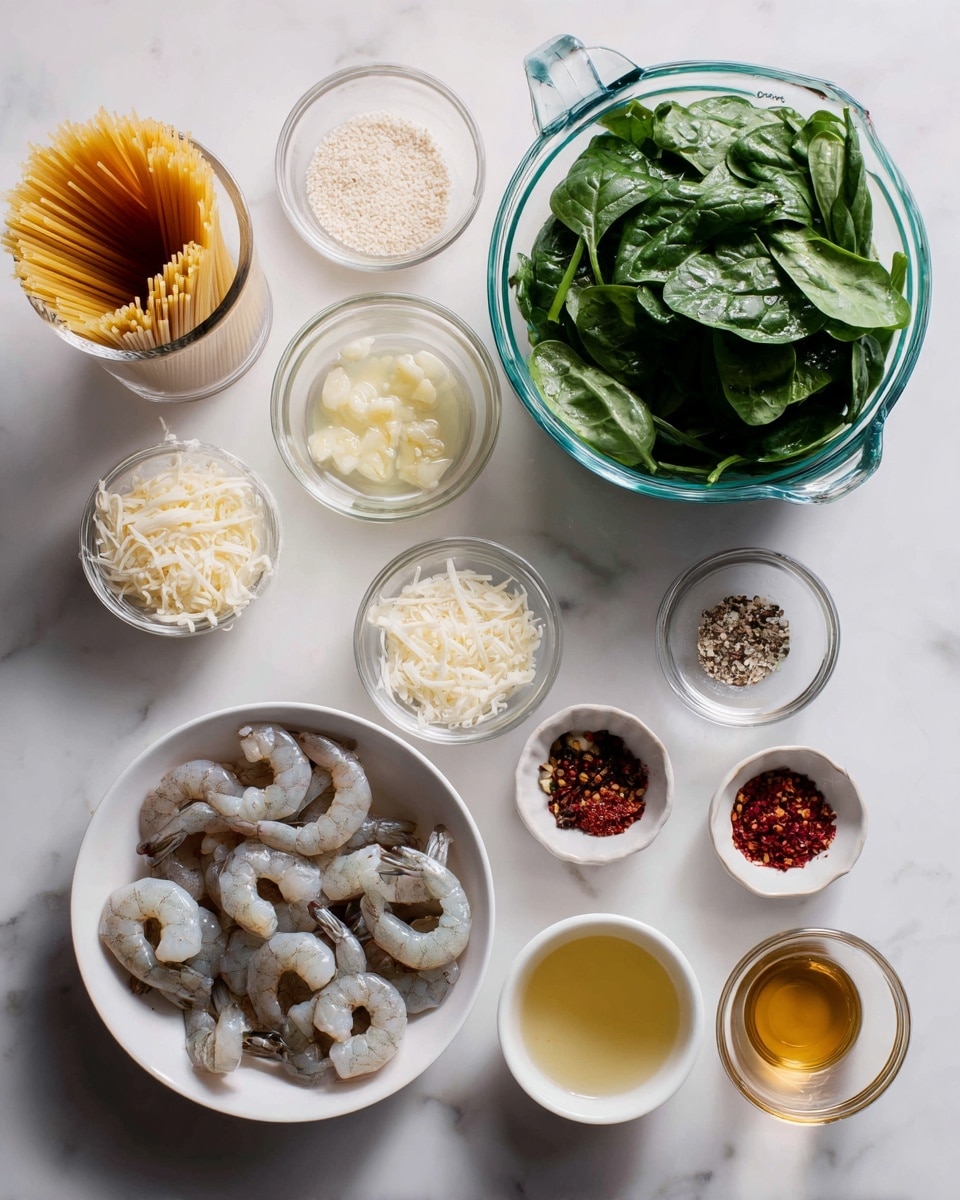 The image shows several clear glass and white small bowls arranged on a white marbled surface, each holding different ingredients for cooking. At the center bottom, there is a bowl with raw shrimp that are grayish with some pink tint. Above the shrimp, there is a large clear glass measuring cup filled with fresh, dark green spinach leaves. To the upper left of the spinach, a small bowl contains minced garlic, while nearby another bowl holds pale beige breadcrumbs. A small bowl to the lower left contains shredded white cheese, and beside it is light yellow melted butter in a small glass bowl. To the left edge, some uncooked spaghetti pasta sticks are standing vertically inside a clear glass container. At the center right, there are three small white bowls; one with salt and pepper, one with red chili flakes, and one with amber-colored liquid. Next to these bowls, there is a small glass cup with a pale yellow liquid, possibly broth or oil, and another container with a brownish liquid. The overall scene is bright with soft natural light, placed neatly on the white marbled surface. Photo taken with an iphone --ar 4:5 --v 7
