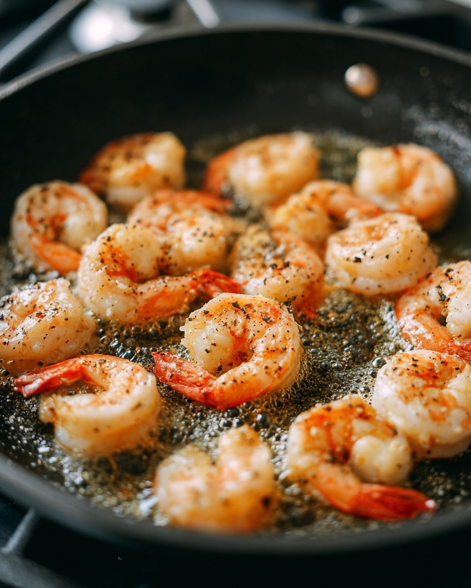 A close-up view of a black frying pan filled with several pieces of shrimp being cooked. The shrimp are partially translucent with light pink-orange tails, scattered evenly across the pan surface. The shrimp are coated lightly with oil or butter that shimmers, with small black pepper flakes visible on top. The background shows part of a stovetop with out-of-focus details. The overall look is warm and sizzling. photo taken with an iphone --ar 4:5 --v 7