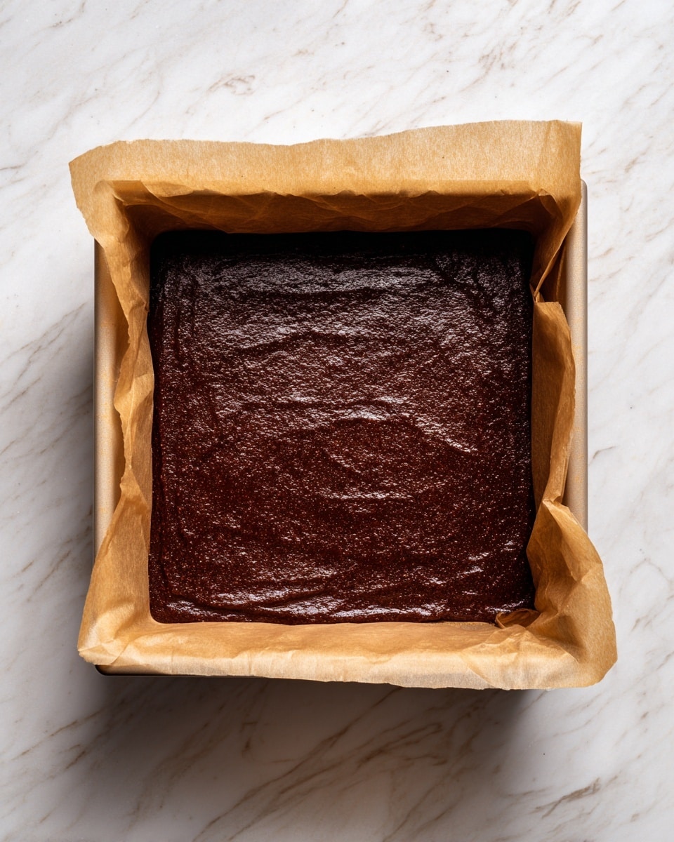 Three dark brown, moist chocolate brownies are stacked on top of each other on a white plate with a light brown edge, placed on a white marbled surface. Each brownie has a dense and slightly crumbly texture with visible, melted chocolate chunks inside. The top brownie shows more melted chocolate oozing slightly. In the background, there is a blurry tall glass of milk and a wooden-handled knife resting on the surface. Photo taken with an iphone --ar 4:5 --v 7