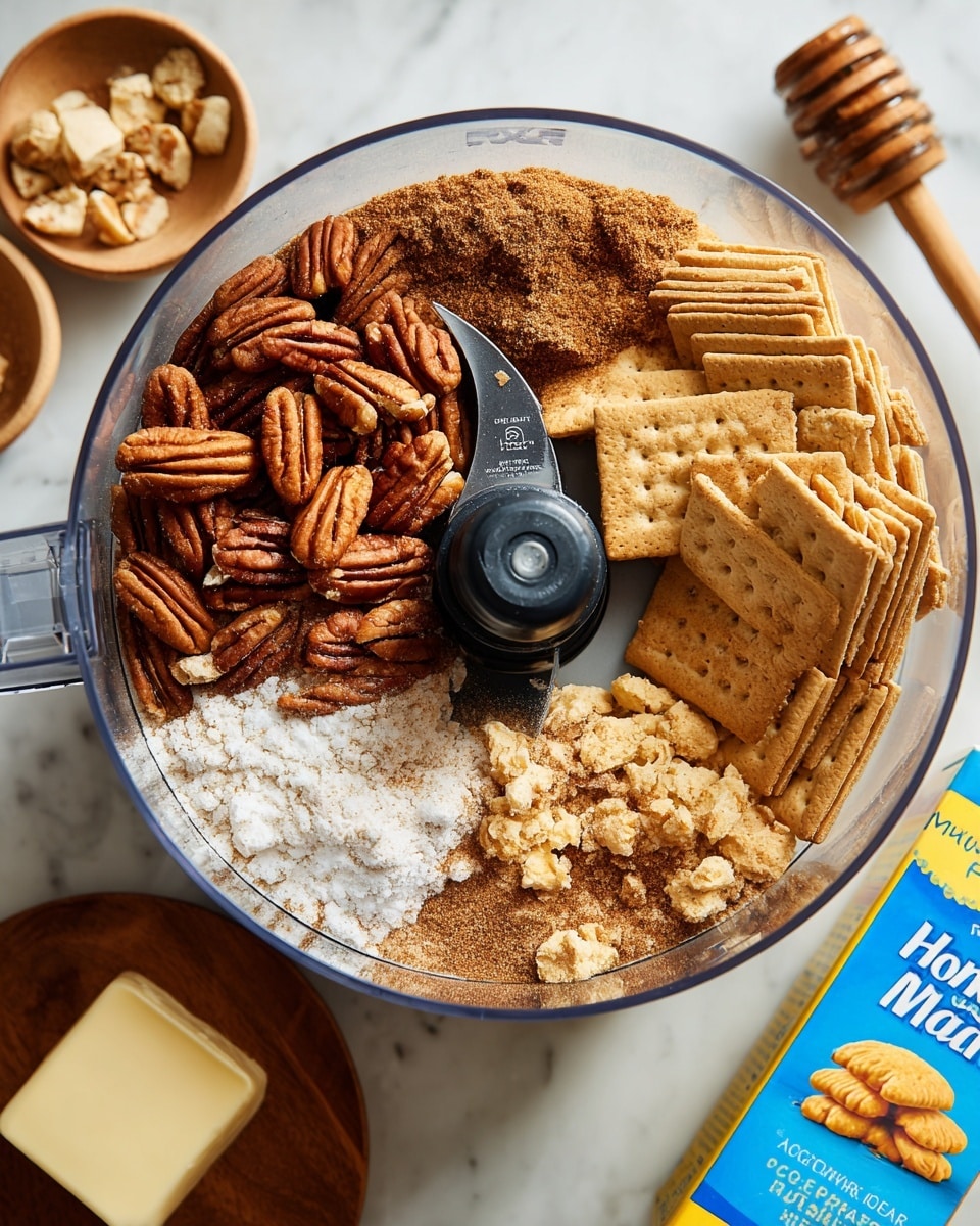 A clear food processor bowl filled with several layers: at the bottom, a pile of whole pecans with a rich brown color and textured surface; next to the pecans, a heap of light brown sugar with some white sugar sprinkled on top and a dusting of cinnamon, creating a mix of soft, grainy textures; on the right and overlapping the pecans and sugar, whole rectangular light tan graham crackers, some stacked and some broken. The processor's black center blade is visible in the middle. Below the bowl, a white marbled surface holds a block of pale yellow butter on a wooden plate to the left and a bright blue Honey Maid graham cracker box with yellow and white text on the right. photo taken with an iphone --ar 4:5 --v 7