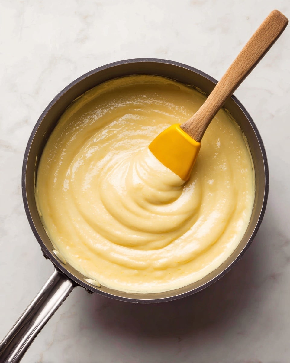 A thick, smooth, pale yellow sauce fills a dark pot almost to the top. A wooden spatula with a bright yellow silicone tip is stirring the creamy sauce, showing its thick texture. The pot sits on a white marbled surface with soft natural light shining on the shiny surface of the sauce. photo taken with an iphone --ar 4:5 --v 7