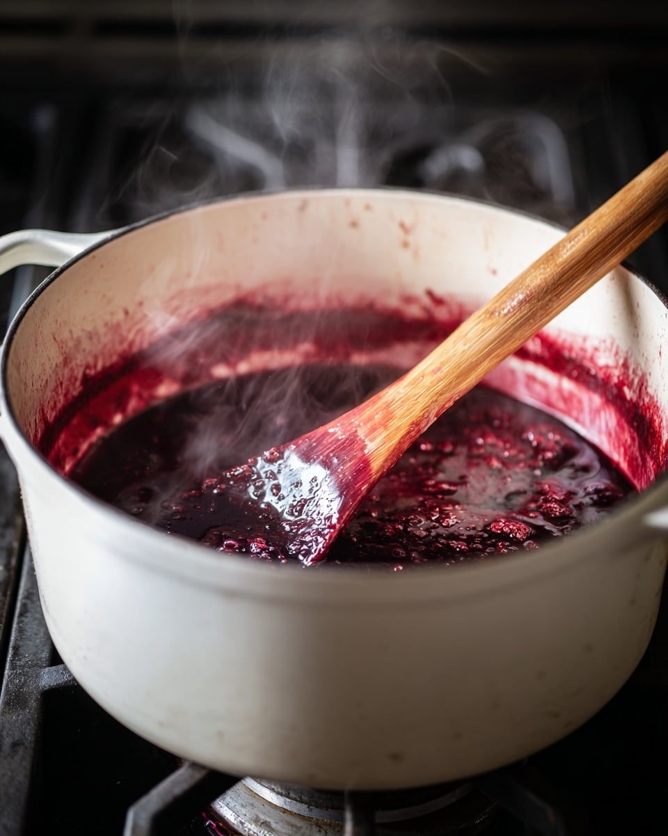 A white pot on a stove holds a dark red liquid that is simmering, with steam rising above it. The inside walls of the pot are stained with splashes of the same dark red sauce, showing it has been stirred well. A wooden spoon with a slotted head is resting inside the pot, partially submerged in the thick liquid. The pot is set against a dark background, and the stove burner beneath it is visible. photo taken with an iphone --ar 4:5 --v 7