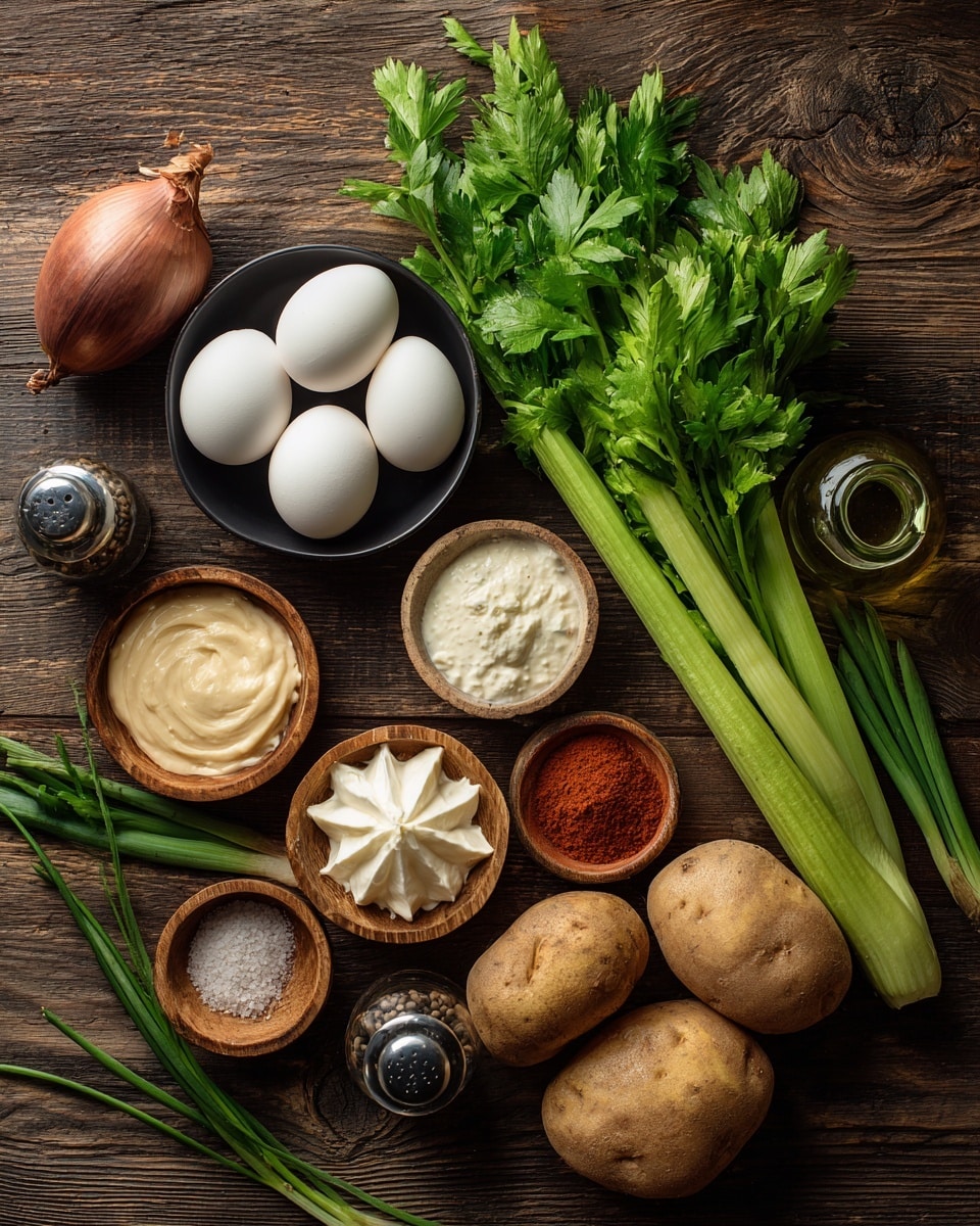 The image shows a group of cooking ingredients placed on a dark wooden surface. There are three potatoes with rough brown skin at the bottom right. Near them, a bunch of fresh green celery stalks with leaves is on the left. A whole purple onion with rough skin is placed towards the left center. A black bowl containing four white eggs is at the top left. Scattered around are small dishes holding different ingredients: a small wooden bowl with white salt, a ceramic bowl filled with creamy beige mustard, a star-shaped white bowl with smooth whited whipped cream or sour cream, and another wooden bowl with a red powder, likely paprika. A small glass bottle with a green lid and a black pepper grinder are also present. Some fresh green chives or green onions lay across part of the ingredients. The whole scene rests on a dark wood background with a visible grain. Photo taken with an iphone --ar 4:5 --v 7
