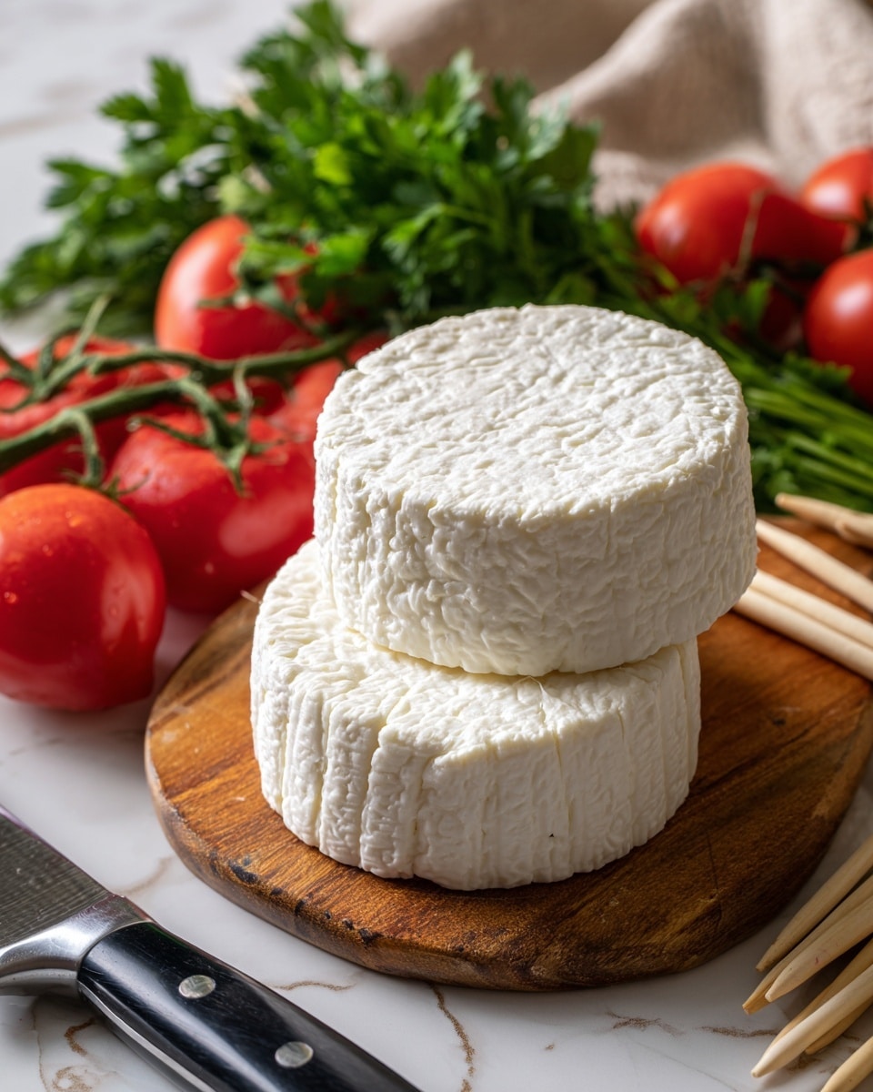 The image shows two white round cheese wheels stacked on a wooden board, with one wheel leaning against the other. Behind the cheese, there are fresh red tomatoes with green stems and a bunch of green herbs, possibly parsley, adding a fresh touch. Light tan wooden skewers are laid horizontally behind the cheese, creating a linear texture. On the left side of the board, a large knife with a black and silver handle is partially visible. The background surface is a white marbled texture. photo taken with an iphone --ar 4:5 --v 7