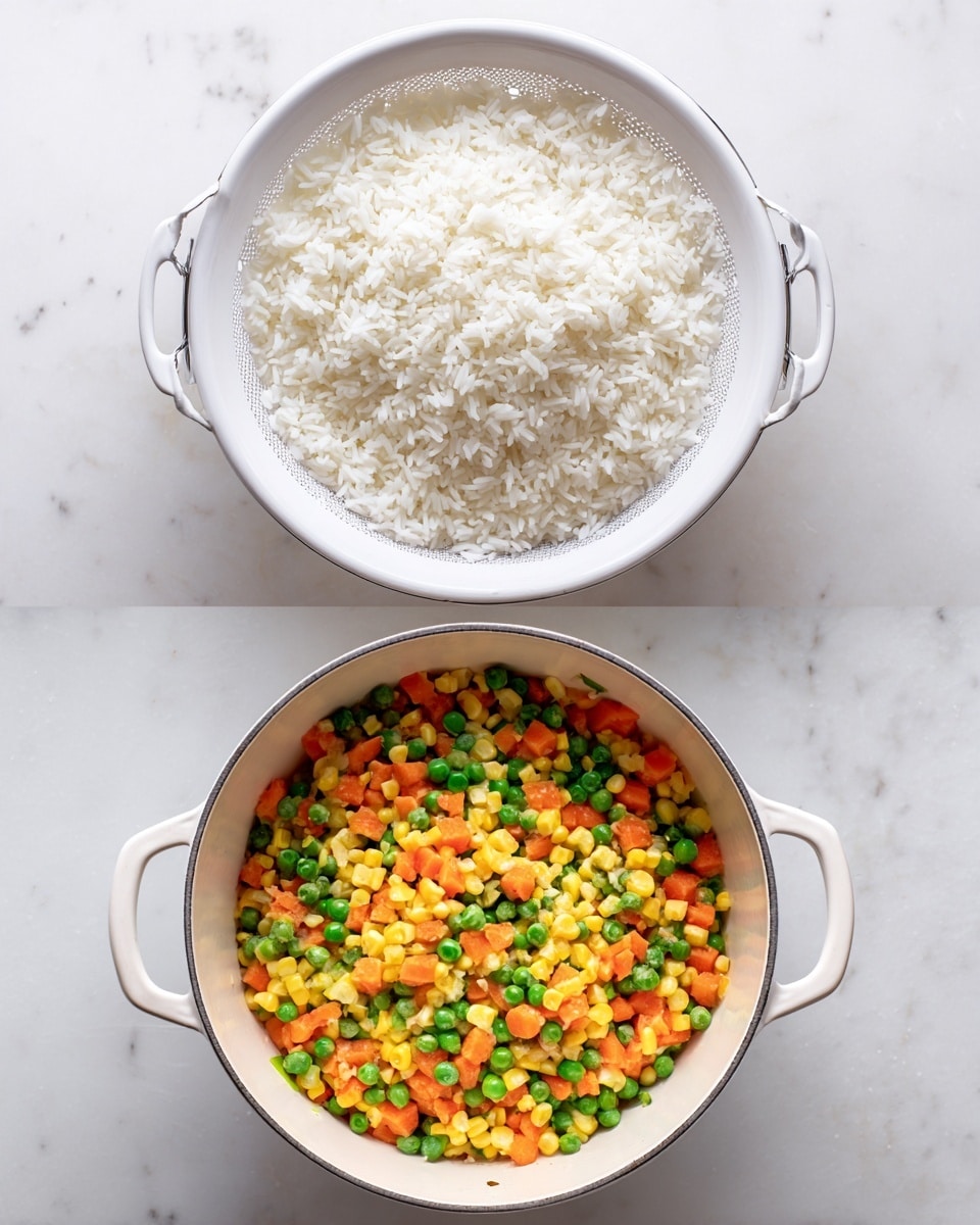 The first image shows a white colander filled with fluffy white cooked rice, with each grain separated and soft in texture, sitting on a white marbled surface. The second image features a white pot filled with a colorful mixture of cooked diced carrots, green peas, and corn kernels, evenly mixed and vibrant, also placed on a white marbled surface. Both images show simple, fresh ingredients arranged neatly and naturally. photo taken with an iphone --ar 4:5 --v 7