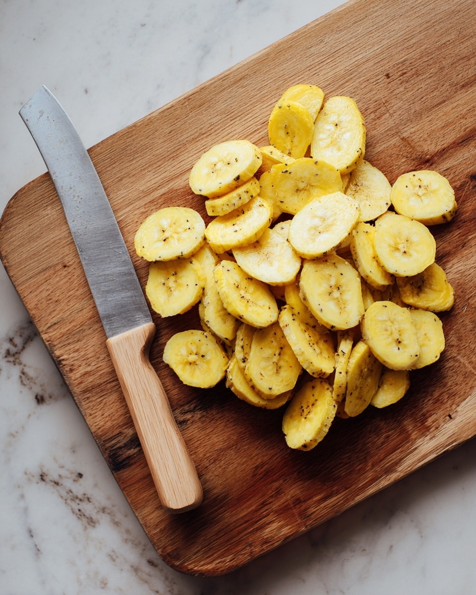 A wooden cutting board filled with thick slices of peeled, light yellow plantain pieces, showing some natural texture and small black seed spots inside. There is one large knife with a light wooden handle resting on the left side of the cutting board. The cutting board is placed on a white marbled surface that has some dark spots and marks for texture. photo taken with an iphone --ar 4:5 --v 7