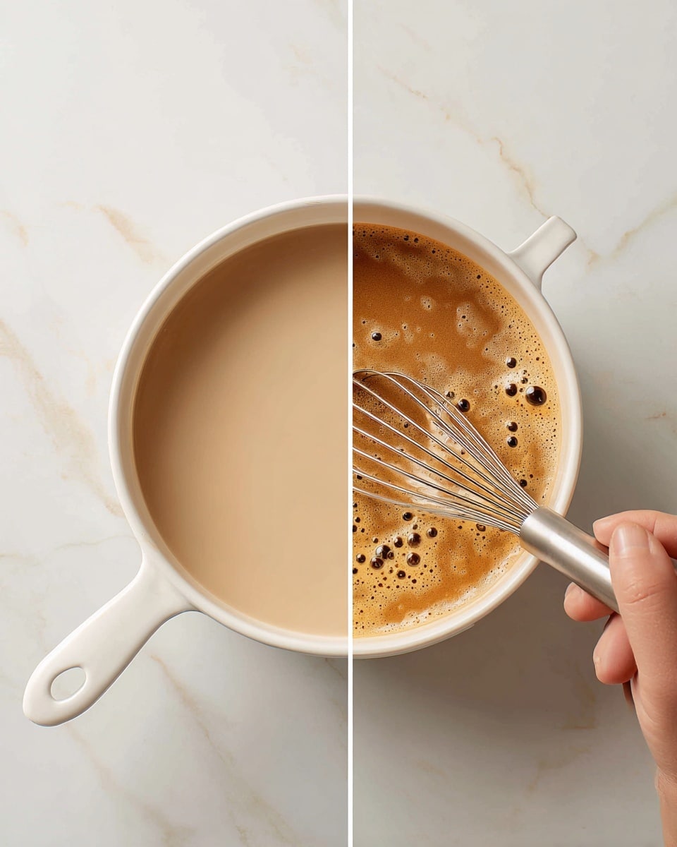 Two images side by side show a white pot with a long handle on a white marbled surface. The left image shows the pot filled with a smooth, pale cream liquid, almost like milk. The right image shows the same pot filled with a light brown, frothy liquid being stirred by a whisk held by a woman's hand, creating gentle bubbles on the surface. Photo taken with an iphone --ar 4:5 --v 7