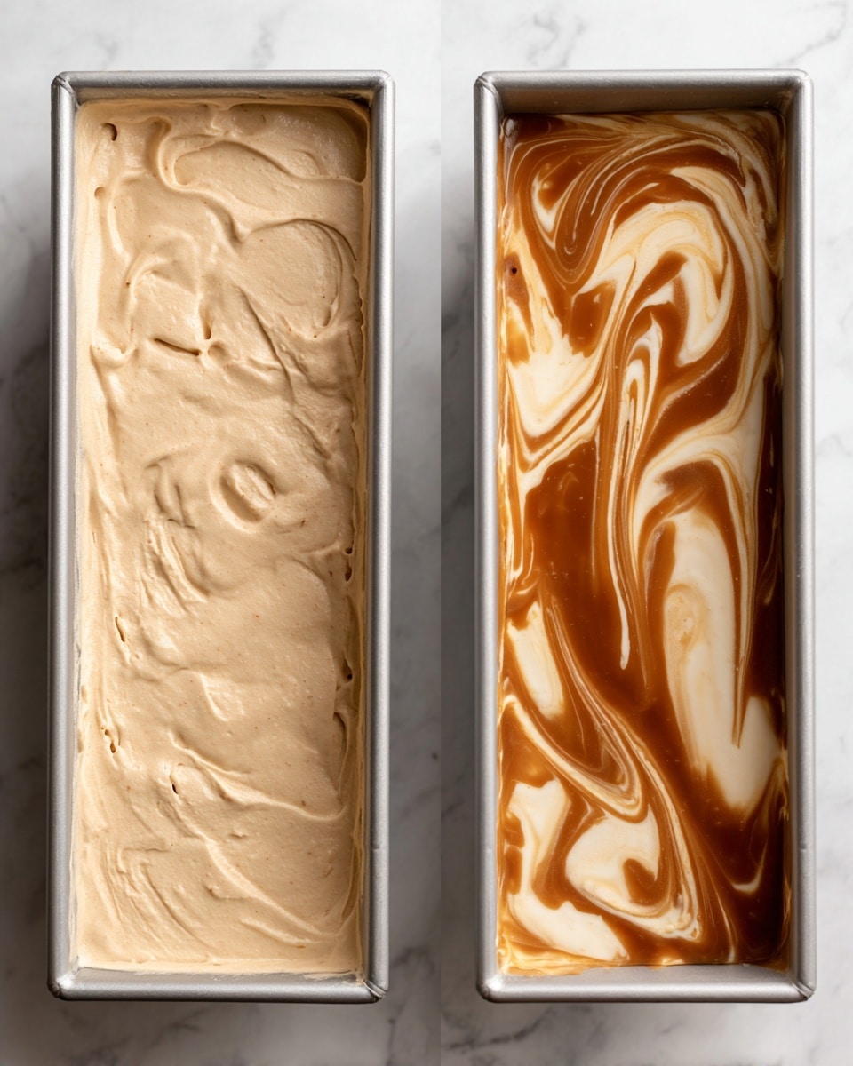 Two images side by side show a rectangular loaf pan filled with creamy beige ice cream mixture. The left image has one smooth thick layer of light caramel-colored ice cream with swirling patterns on top, showing a soft and fluffy texture. The right image shows the same base layer but with added swirls of dark brown caramel sauce spread unevenly on the surface, creating a marbled effect across the top. Both images show the loaf pan placed on a white marbled textured surface. photo taken with an iphone --ar 4:5 --v 7