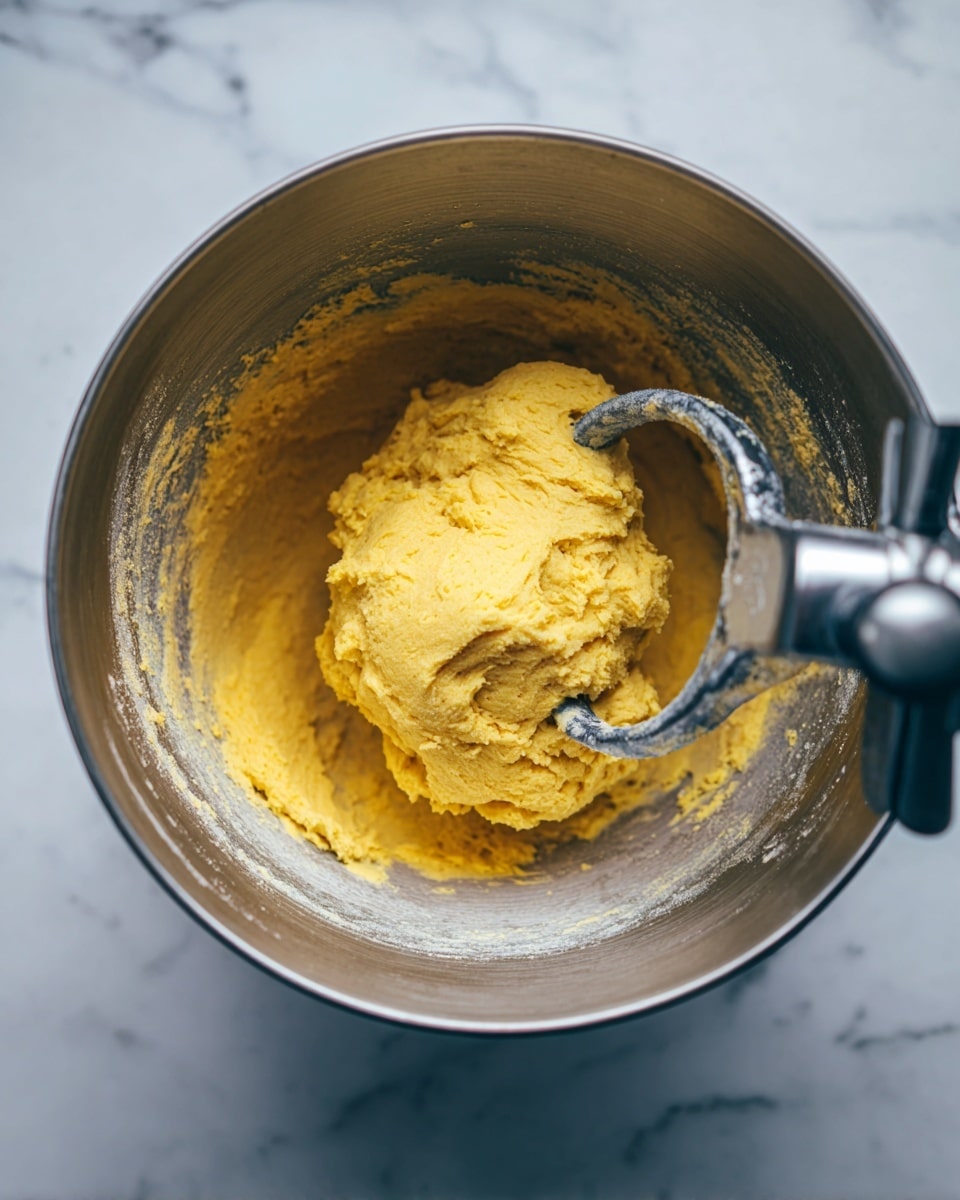 A close-up of a metal mixing bowl containing a single large mound of yellow dough with a slightly rough texture, positioned around a silver dough hook attached to a mixer. The dough looks dense and sticky, sitting in the middle of the bowl which has some flour residue on its inner sides. The background is a white marbled surface. photo taken with an iphone --ar 4:5 --v 7