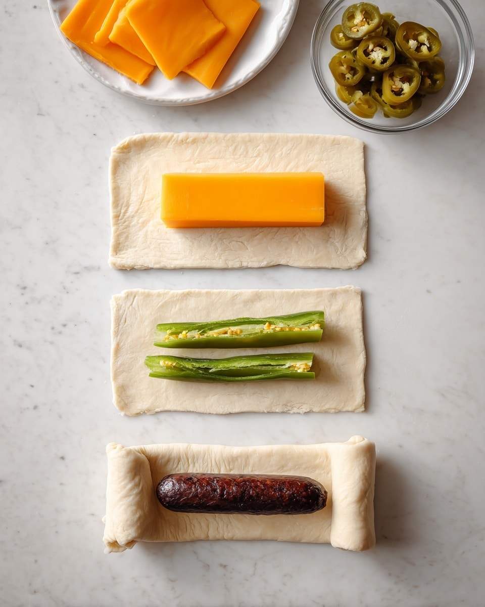 A hot dog sausage is wrapped inside a thick, light brown bun cut in half, showing the sausage's deep reddish-brown color in the center. Inside the bun, there are green jalapeño slices and melted bright orange cheese layered around the sausage. The top of the bun has two jalapeño slices as decoration. The bun halves sit on a clean white plate with a silver fork beside them. The background is a white marbled texture with white tiled walls softly blurred. Photo taken with an iphone --ar 4:5 --v 7