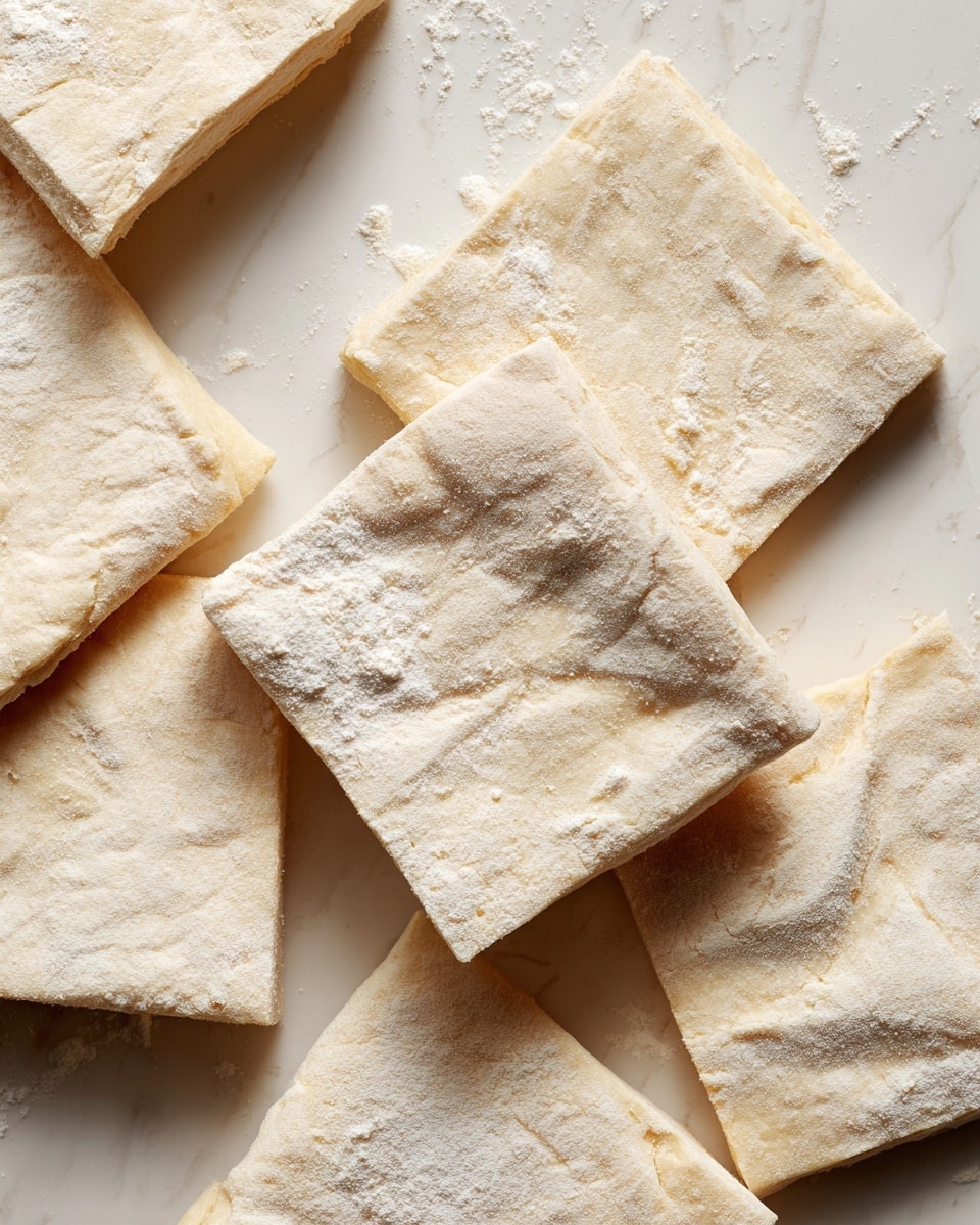 The image shows multiple square pieces of light beige dough spread out on a white marbled textured surface. Each dough piece has a slightly rough texture with some flour dusted lightly on top. The squares vary slightly in size and are placed randomly, overlapping in some areas. The light hits softly from above, highlighting the smooth but slightly uneven edges of the dough pieces. There is no other object visible in the image photo taken with an iphone --ar 4:5 --v 7