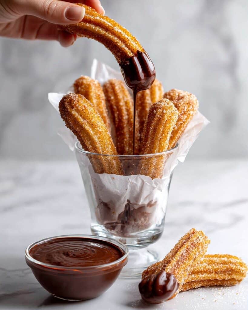 Homemade Churros with Cinnamon Sugar and Chocolate Fudge Dipping Sauce Recipe