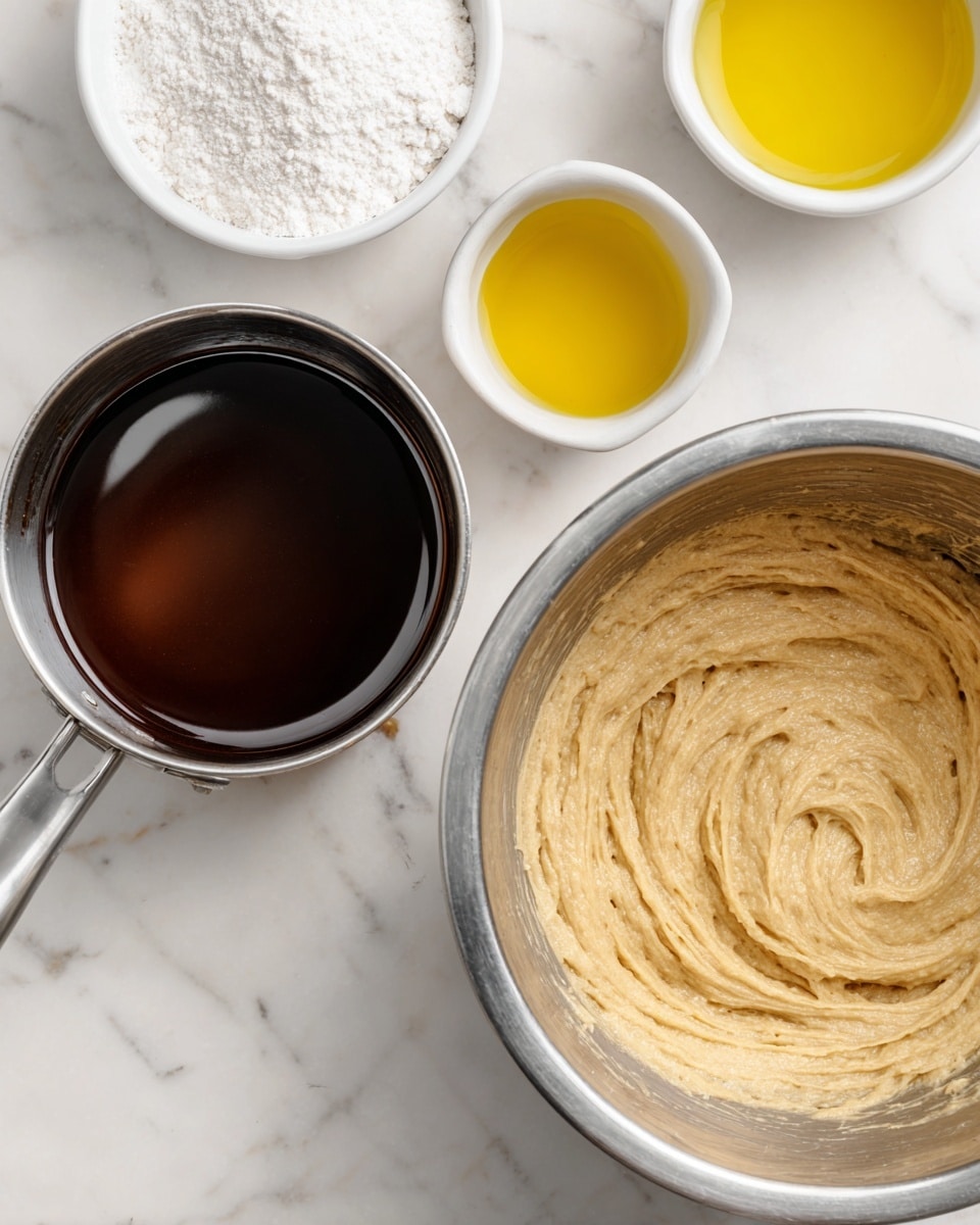 The image shows two side-by-side close-up views with food preparation in progress. On the left, there is a small stainless steel saucepan filled with smooth, dark brown liquid, sitting on a white marbled surface. Behind it, there are two white bowls, one with white powder and another with a yellow liquid, slightly blurred in the background. On the right side, a metal bowl holds a thick, light beige batter or dough with a slightly coarse texture, showing swirls from mixing on the inside surface. The white marbled surface is visible around and beneath the bowl. photo taken with an iphone --ar 4:5 --v 7