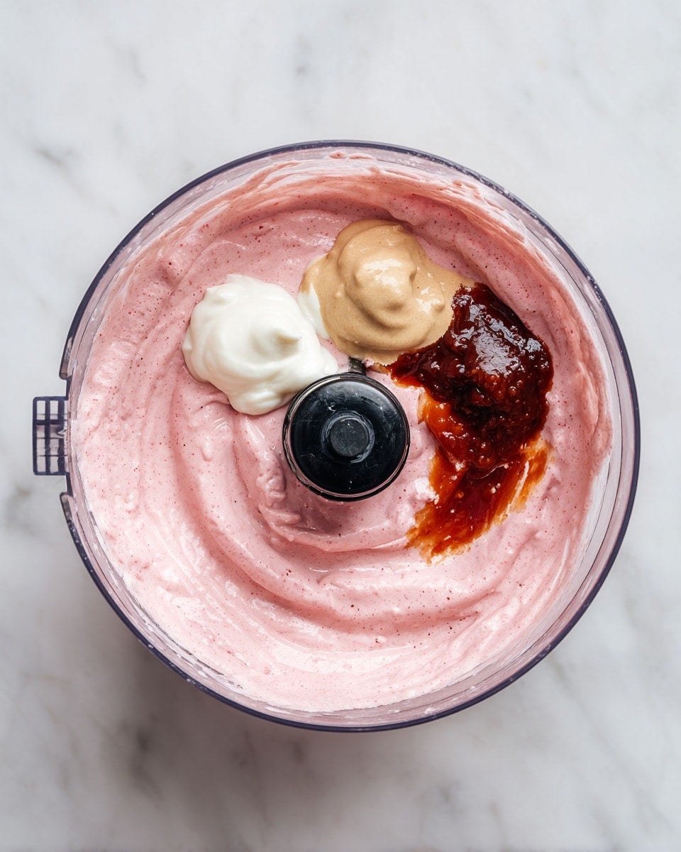 The image shows two glass bowls on a white marbled surface. In the first bowl, there is a pink creamy mixture with a smooth, frothy texture, and a black food processor blade is visible in the center, partially covered by the mixture. The second bowl contains the same pink creamy base, topped with three dollops of other ingredients: a beige thick liquid, a white creamy substance, and a reddish-brown sauce, all placed closely together on the surface of the pink mixture. The bowls are clear and round, showing the layers of ingredients inside. photo taken with an iphone --ar 4:5 --v 7