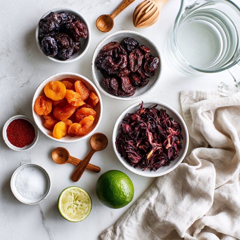 The image shows a two-step cooking process in a light grey pot placed on a white marbled surface. In the first step, inside the pot there are dried dark red and black dried chilies mixed with a few pieces of light orange dried apricot slices, and dark dried prunes, arranged loosely together with a clean pot bottom visible. In the second step, the pot is filled with a thick reddish-brown liquid broth with pieces of dark softened chilies floating evenly on the surface, creating a rich textured appearance, with no other ingredients visible. The overall scene includes clear glass bowls with white granulated salt and a reddish spice mix placed near the pot. photo taken with an iphone --ar 4:5 --v 7