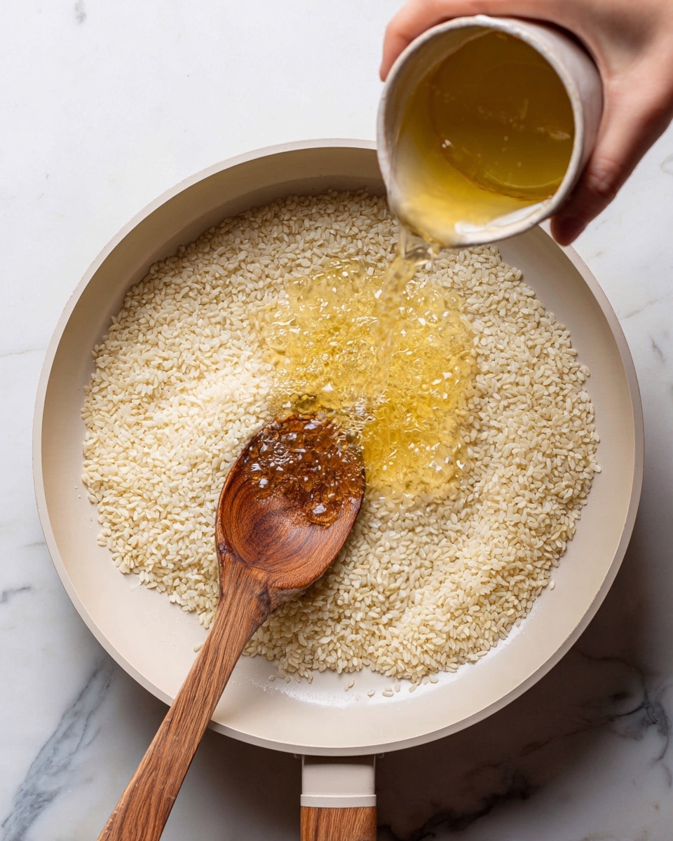 A white pan filled with a layer of uncooked rice grains spread evenly at the bottom. A clear golden liquid is pouring into the pan from above, creating splashes in the center of the rice. A wooden spoon rests on the edge of the pan, partly touching the rice. A woman's hand holds the pouring container just above the pan, visible in the top left corner. The scene is set against a white marbled surface. Photo taken with an iphone --ar 4:5 --v 7