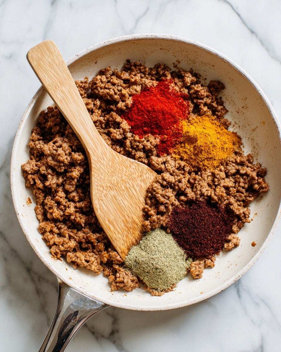 A white skillet filled with cooked ground meat that is brown and crumbly, with a wooden spatula resting on the meat. On top of the meat, there are several colorful piles of spices: a small bright red dollop, a yellow powder, a dark reddish brown powder, and a greenish powder, all clustered on one side of the skillet. The skillet sits on a white marbled surface. photo taken with an iphone --ar 4:5 --v 7