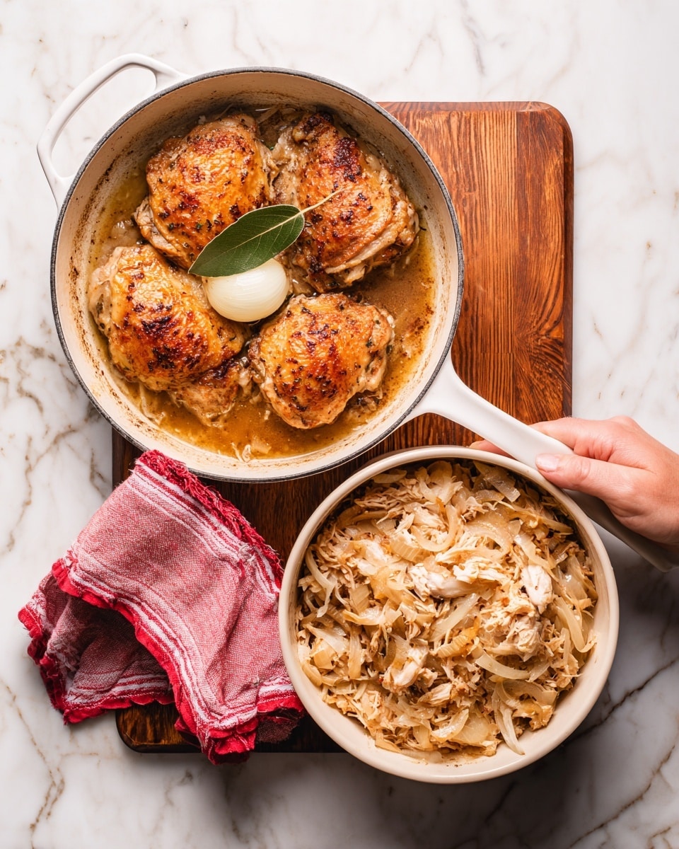 The image shows two white pans on a white marbled surface with a wooden cutting board underneath. The first white pan holds four browned cooked chicken pieces resting in a small amount of light brown liquid with one wedge of onion and a green bay leaf on top. The second white pan has shredded cooked chicken mixed with slices of onion and bay leaf, all light brown with some white and pale orange pieces. A woman's hand is holding the handle of the first pan. A red and white cloth is under the cutting board. Photo taken with an iphone --ar 4:5 --v 7
