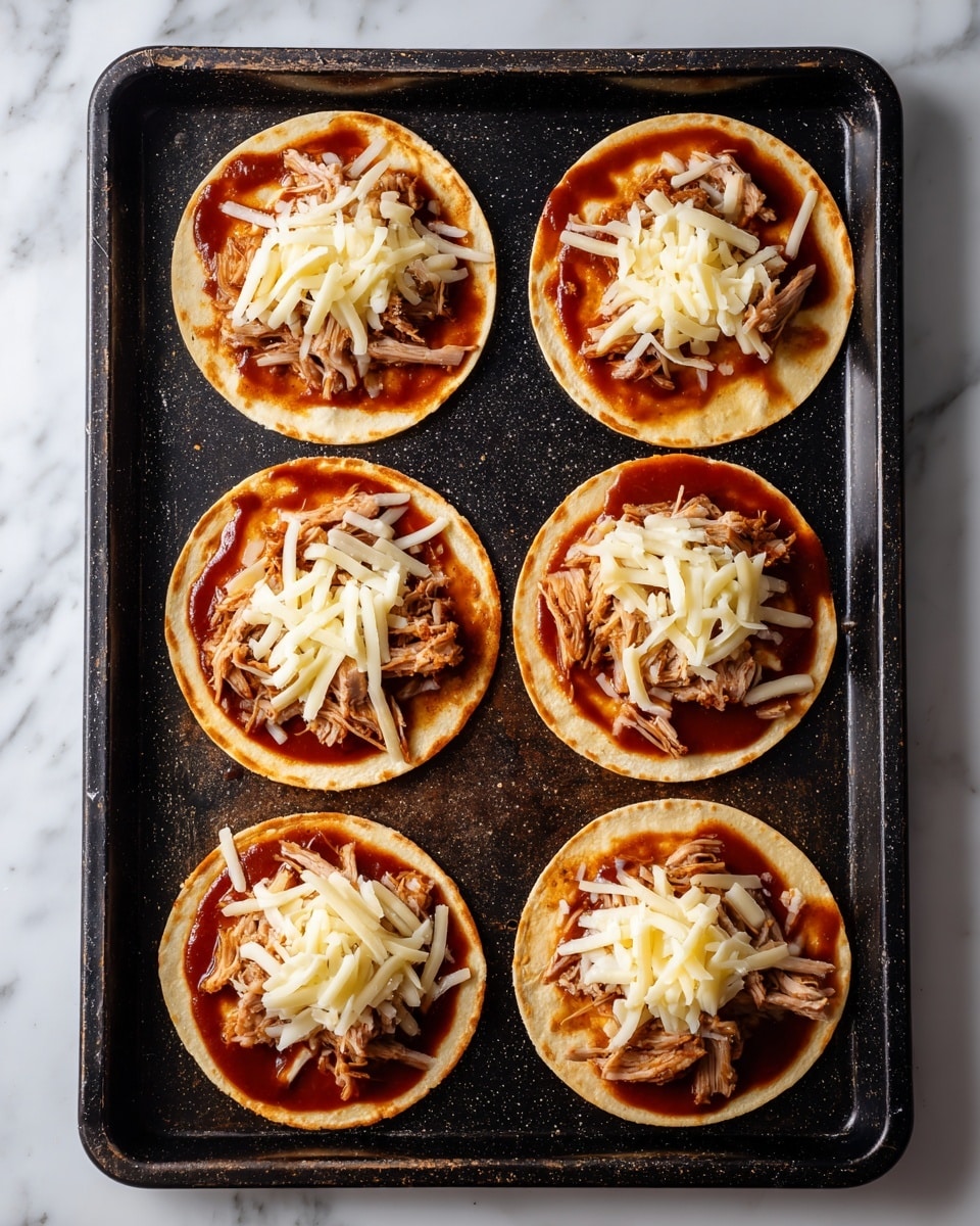 The image shows six small round tortillas arranged on a dark baking sheet with a shiny, slightly oily surface. Each tortilla is covered with a smooth layer of reddish-brown sauce, creating a wet, glossy look. Three of the tortillas have small piles of shredded white cheese and pieces of shredded light-colored meat placed in the center on top of the sauce. The tortillas without toppings have an even coating of sauce only, showing the texture of the tortillas underneath. The scene is set on a white marbled texture. photo taken with an iphone --ar 4:5 --v 7