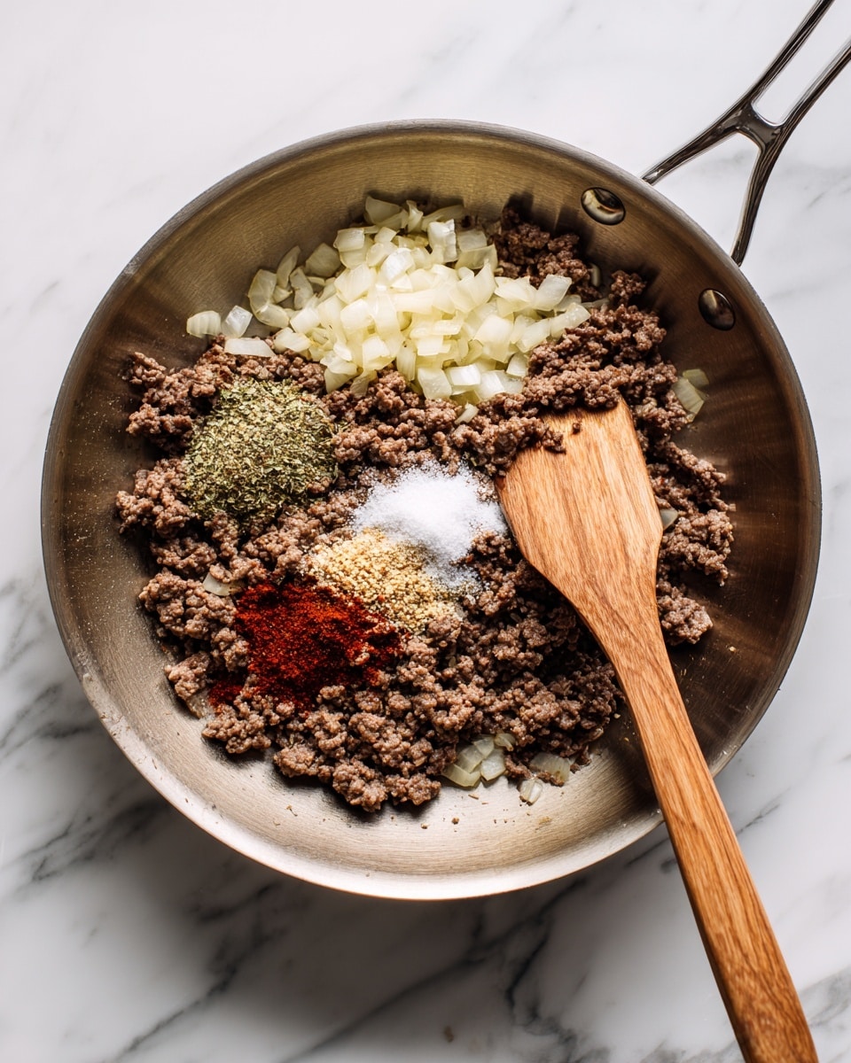 A top-down view of a stainless steel frying pan with cooked ground beef mixed with small pieces of light yellow onion. On top of the beef, there are small piles of green and reddish-brown spices along with some white granulated salt. A wooden spatula with a light brown handle is resting on the right side of the pan, touching the beef and spices. The pan is placed on a white marbled surface. photo taken with an iphone --ar 4:5 --v 7