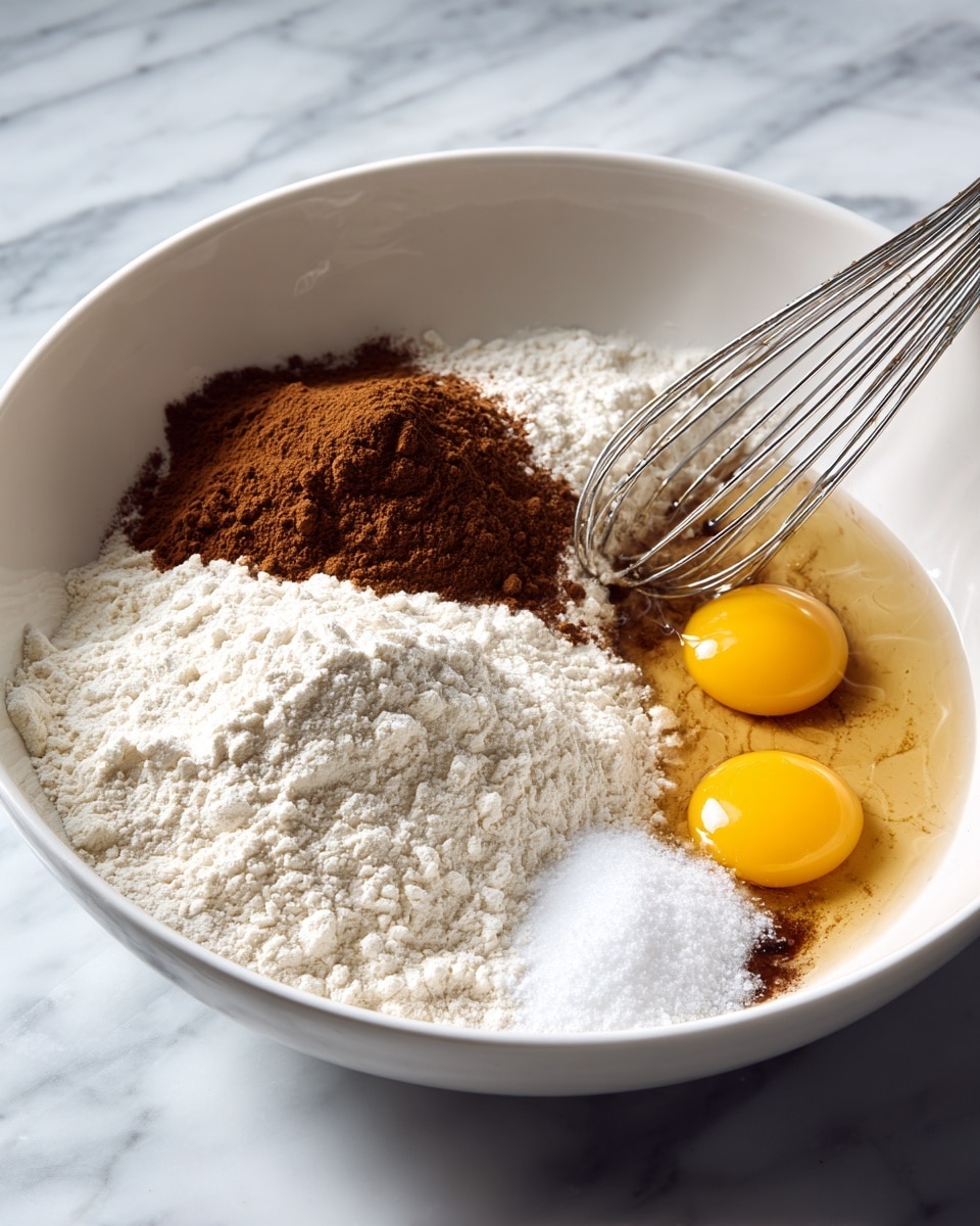 The image shows two close-up views side by side. The left side displays a creamy light brown mixture with a smooth, thick texture swirled softly in a white bowl. The right side shows a layer of the same brown mixture spread evenly, topped with a fine dusting of white powder, likely sugar or flour, against a white marbled texture background. photo taken with an iphone --ar 4:5 --v 7