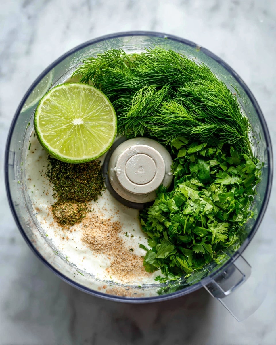 Inside a clear food processor bowl, there are several layers of ingredients: a bright green half lime sits on top of fresh, feathery light green dill on the left side, while on the right, fresh bright green cilantro leaves fill the space. Beneath the herbs, there is a smooth white creamy base with a mix of light brown and beige spices scattered on top. The clear plastic lid with a grey spindle center rests above the ingredients. The setup is on a white marbled surface. Photo taken with an iphone --ar 4:5 --v 7
