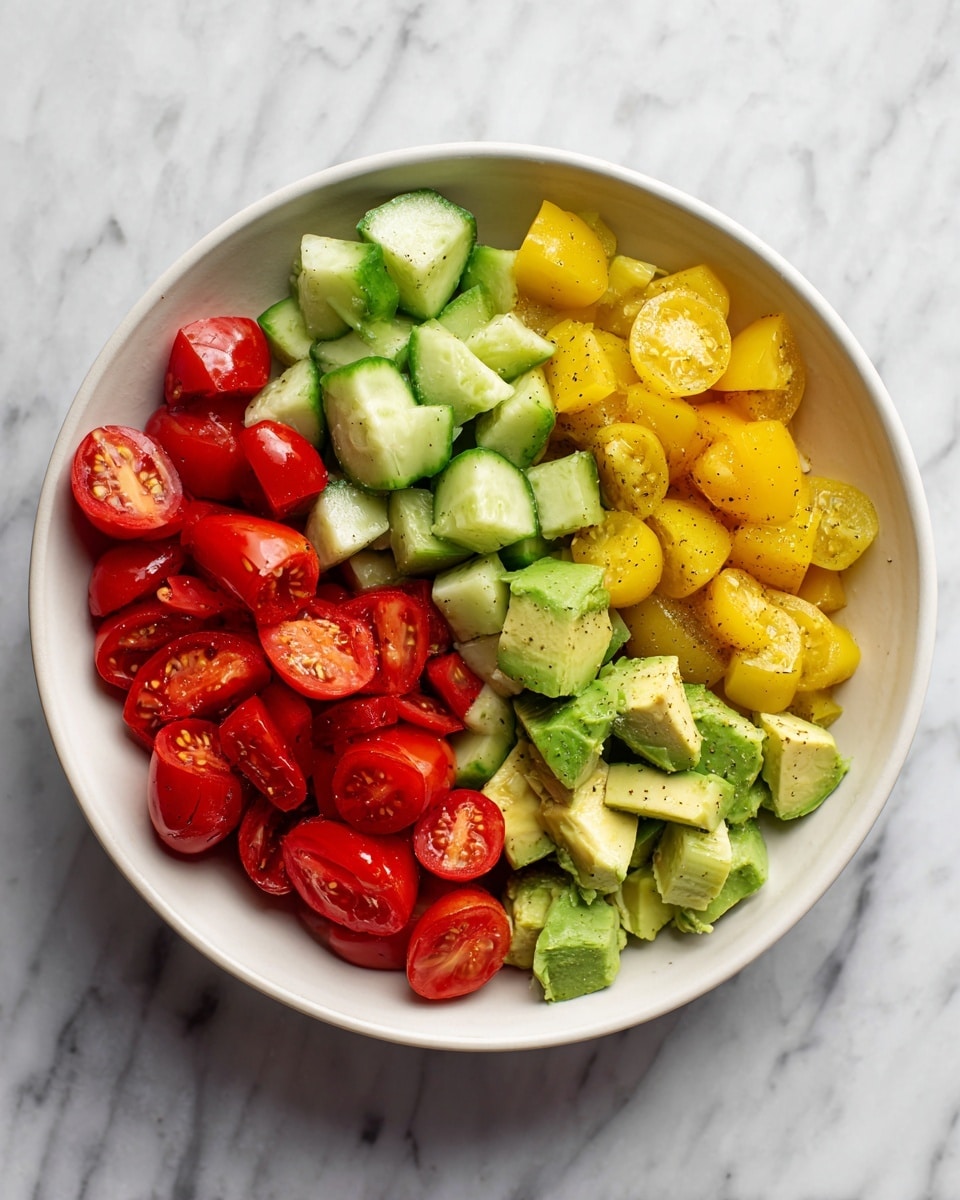 A white bowl on a white marbled surface holds three sections of fresh vegetables. One section has bright red cherry tomato halves with a juicy texture. Another section contains green cucumber pieces, cut into rough chunks with dark skins and pale green flesh. The last section has light green avocado chunks with a creamy texture and some yellowish accents. The colors contrast well, showing fresh and healthy ingredients. photo taken with an iphone --ar 4:5 --v 7
