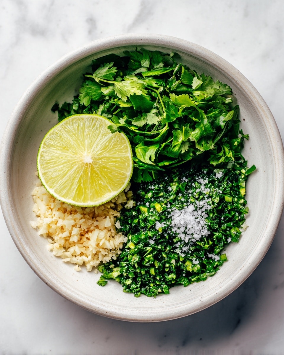 Inside a white ceramic bowl, there are three main layers. At the bottom, there is a bunch of fresh, bright green chopped cilantro with leafy texture. On top of that, finely chopped pale beige garlic pieces are spread near one side. Next to the garlic, a halved, squeezed lime with a rough, light green surface sits, showing its empty pulp. Small white salt crystals are sprinkled beside the cilantro and garlic. The bowl is placed on a white marbled surface. Photo taken with an iphone --ar 4:5 --v 7