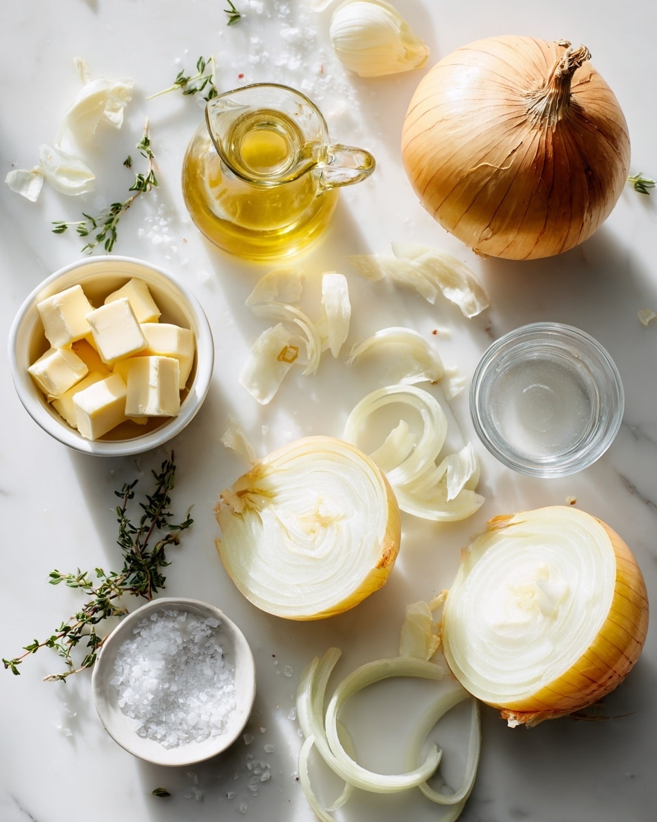 A shiny stainless steel pan filled with one layer of sliced white onions, cut into rings and segments, sitting evenly inside the pan. The pan rests on a surface with a white marbled texture, showing its metal handle and part of the pan's edge. The onions are fresh and raw, with a translucent texture and a slightly glossy look, covering the entire pan bottom. photo taken with an iphone --ar 4:5 --v 7