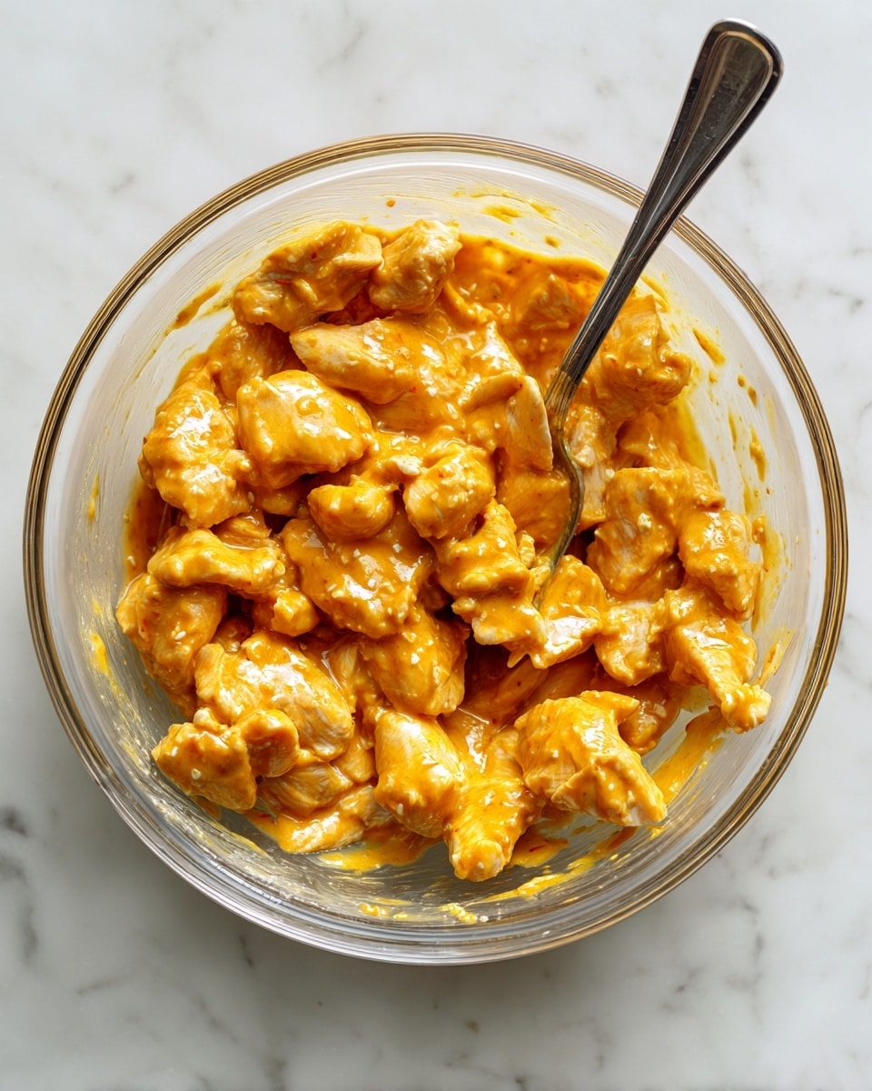 A clear glass bowl filled with many pieces of raw chicken coated in thick, creamy, orange-yellow marinade. The chicken pieces are light pink with the orange-yellow sauce covering them unevenly, showing a mix of smooth and slightly textured surfaces. A silver spoon rests inside the bowl, partially covered by the chicken and sauce. The bowl is set on a white marbled surface. Photo taken with an iphone --ar 4:5 --v 7