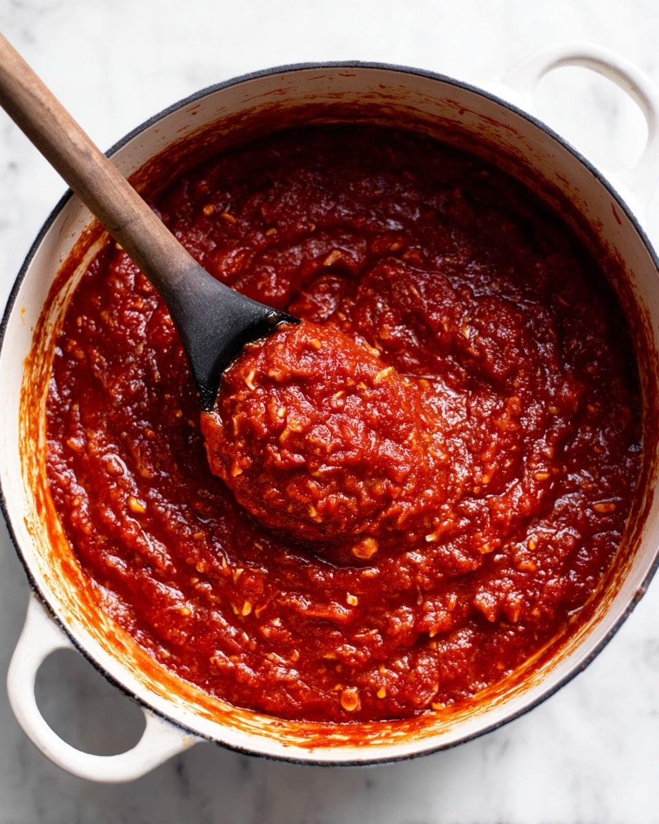 A pot of thick, rich red tomato sauce with visible chunks of garlic and onions simmering in a white cast iron pot, with a black spoon lifting some of the sauce in a swirl pattern. The sauce has a textured, slightly chunky consistency, showing pieces of vegetables spread evenly throughout. The background is a white marbled surface, enhancing the vivid color of the sauce. photo taken with an iphone --ar 4:5 --v 7