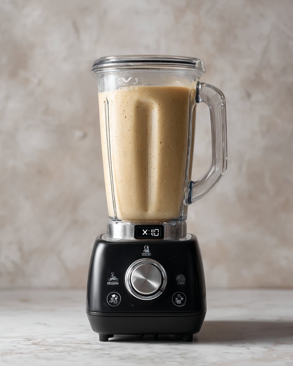 A tall clear blender jar is filled with a thick creamy beige smoothie, showing small bubbles and a smooth texture at the top layer. The jar sits on a black blender base with a central silver dial, small control icons above it, and a small digital screen showing a timer. The scene has a white marbled surface and a light grey marbled wall background. Photo taken with an iphone --ar 4:5 --v 7