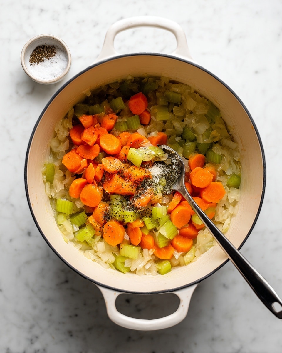 A white pot with two handles sits on a white marbled surface, filled with the first layer of sautéed chopped onions that are translucent and pale yellow. The second layer contains sliced bright orange carrots and green celery pieces, evenly mixed with the onions. In the center, there is a small pile of coarse salt and black pepper, resting on top of the vegetables. A black spoon with a silver handle is placed inside the pot, stirring the vegetables gently. In the upper left corner of the image, there is a small white bowl containing coarse salt and black pepper. Photo taken with an iphone --ar 4:5 --v 7