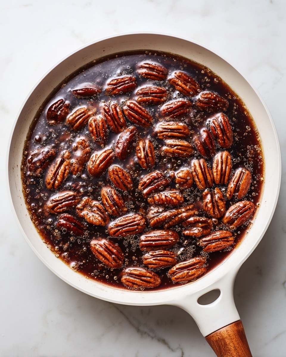 A white pan filled with whole pecans in a bubbling, dark brown syrup that covers the nuts evenly, showing shiny and rich textures on the pecans. The syrup has small bubbles on the surface, creating a glossy, sticky look. The pan is set on a white marbled surface, and the pan’s handle is white with a wooden grip at the end. The pecans are packed close together, showing their grooved and uneven shapes clearly. Photo taken with an iphone --ar 4:5 --v 7