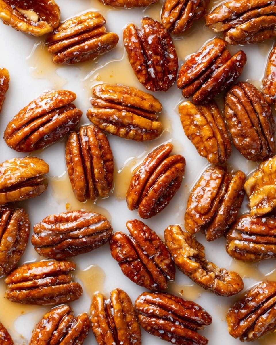 A white baking sheet filled with one even layer of glossy, caramelized pecans. The pecans are deep brown with shiny patches of syrup coating their textured, grooved surfaces. They are spread out randomly, with some syrup drips visible on the white sheet's surface. The overall look is warm and inviting, showing the rich color and sticky texture of the pecans. The scene is set on a white marbled surface. photo taken with an iphone --ar 4:5 --v 7