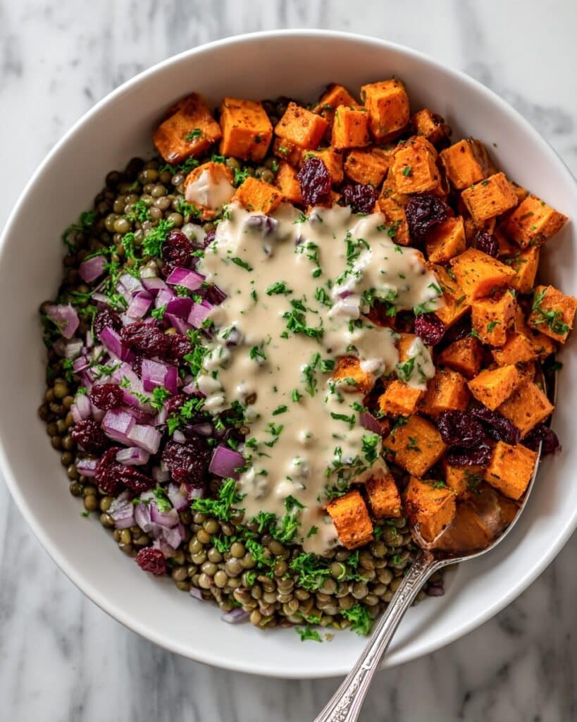 Sweet Potato and Lentil Salad with Cranberries and Maple Mustard Tahini Dressing Recipe