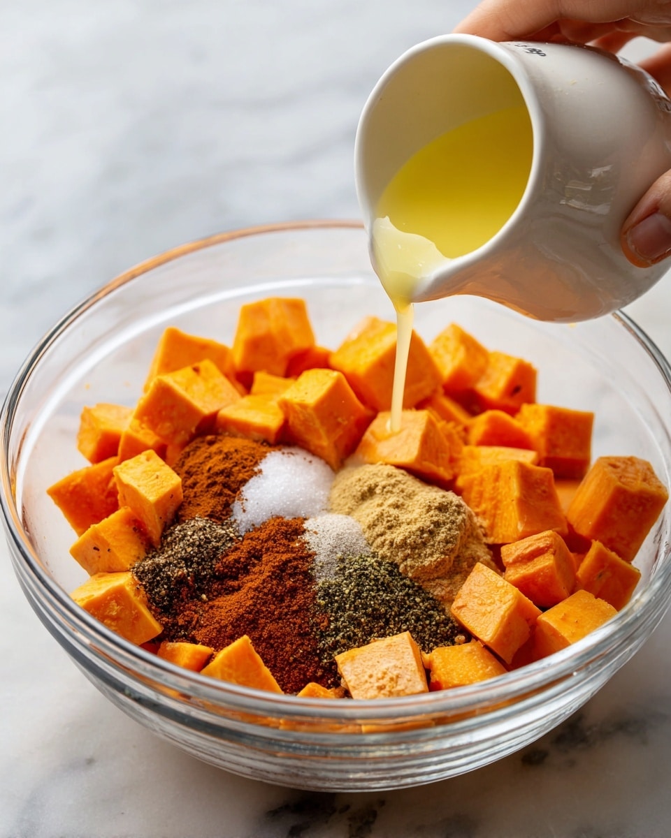 A clear glass bowl is filled with three layers: a base layer of bright orange cubed sweet potatoes, a middle layer of various spices including dark brown, light tan, and white powders sprinkled on top in the center, and a woman's hand holding a white small pitcher pouring a light yellow liquid onto the cubes from the right side; the bowl sits on a white marbled surface, photo taken with an iphone --ar 4:5 --v 7