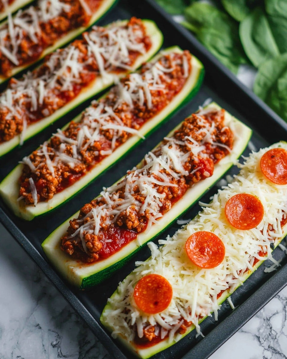 The image shows five zucchini boats arranged closely on a dark baking tray, placed on a white marbled surface. Each zucchini is sliced lengthwise with the green skin forming the outer layer. The inner hollow of four zucchinis is filled with a chunky red-brown meat and tomato sauce. One zucchini on the right has three layers: a base of the meat and tomato sauce, a thick layer of shredded white cheese on top, and three round, orange-red pepperoni slices placed evenly across the cheese. The zucchini boats appear fresh and ready to bake, with some fresh green spinach blur in the background. Photo taken with an iphone --ar 4:5 --v 7