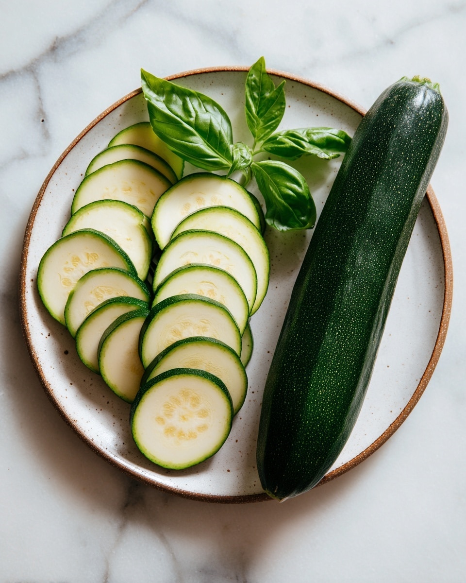 A white plate with a rough brown edge holds a whole dark green zucchini on the right side, resting at an angle. Below and to the left are long, thin slices of zucchini arranged in a layered, slightly overlapping row, showing pale green skin and light inside. Fresh green basil leaves are placed at the top left edge of the plate. The plate sits on a white marbled surface. Photo taken with an iphone --ar 4:5 --v 7