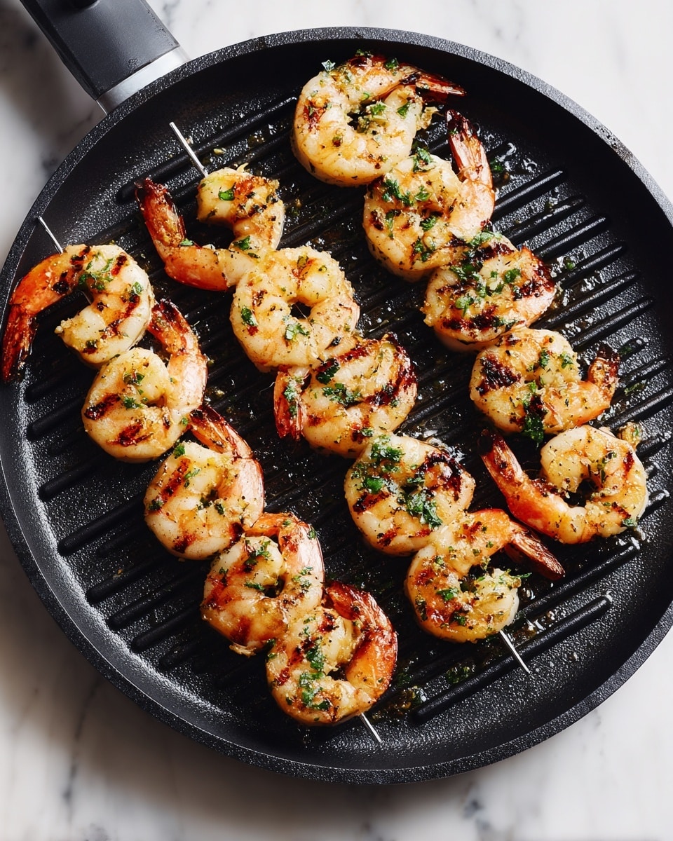 Four metal skewers hold grilled shrimp, four on each skewer, arranged neatly on a black grill pan with diagonal ridges. The shrimp are pink with slight charring and grill marks, showing hints of green herbs scattered on them. The grill pan rests on a white marbled surface, creating a clean and bright background. photo taken with an iphone --ar 4:5 --v 7