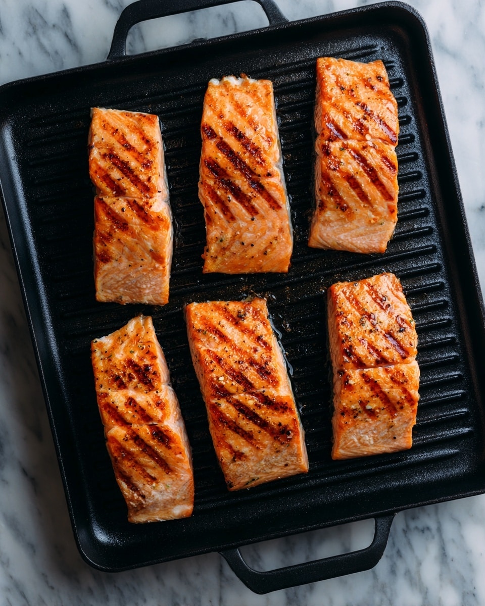 A white plate with one piece of grilled salmon in the center showing dark grill marks and a golden brown color. On top and around the salmon are small cubes of bright yellow mango mixed with green cucumber pieces, red onion bits, and small green herb leaves. The dish is placed on a white marbled surface. A silver fork rests near the edge of the plate on the right side. Photo taken with an iphone --ar 4:5 --v 7