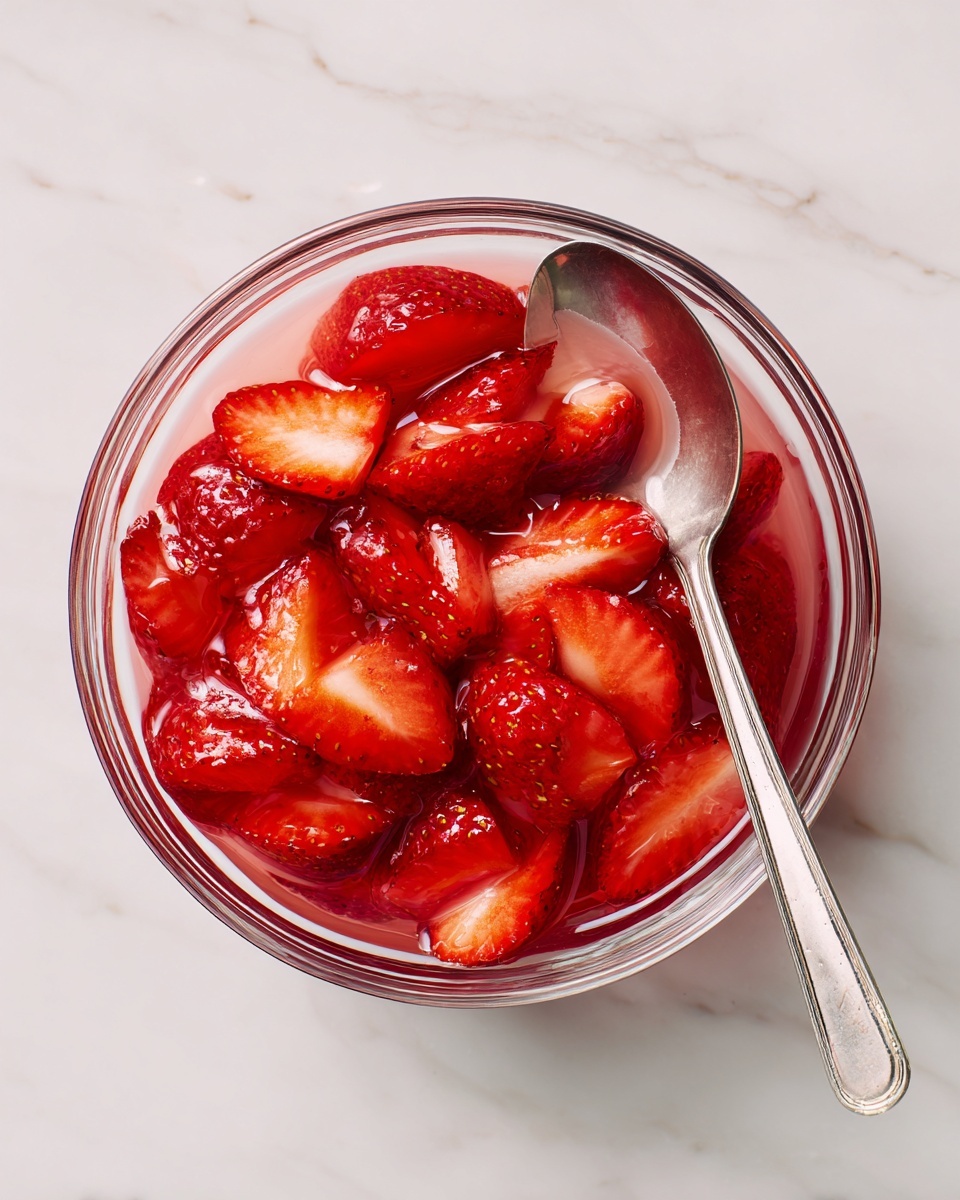 A smooth, white dome-shaped panna cotta sits in the center of a white plate, topped with several thin, bright red strawberry slices and a light drizzle of pale red strawberry sauce. Around the panna cotta, more strawberry slices are spread on the plate, adding a fresh contrast. A spoon holds a scoop of the creamy dessert with a bite taken out, resting on the left side of the plate. In the background, another white plate with the same dessert and strawberry slices is slightly out of focus on a white marbled surface, along with a metal spoon and a softly shaped cloth napkin. photo taken with an iphone --ar 4:5 --v 7